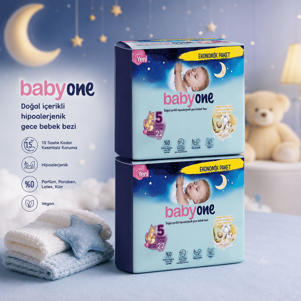 Babyone Gece Bebek Bezi 5 Beden Junior Ekonomik Paket 44 Adet (22'li 2 Paket)