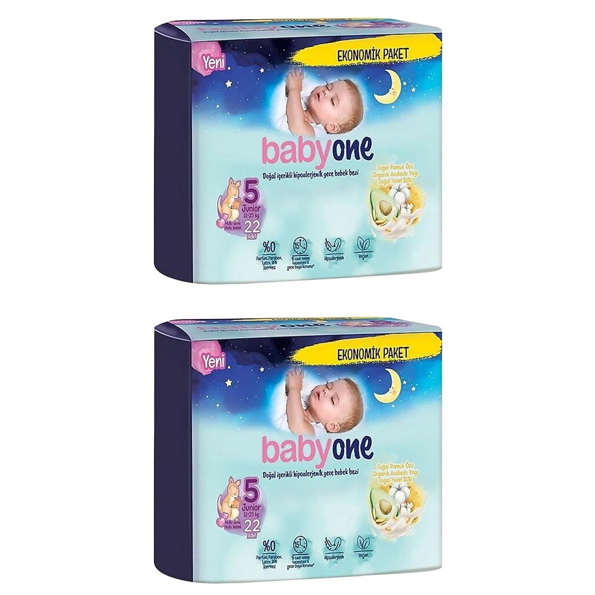 Babyone Gece Bebek Bezi 5 Beden Junior Ekonomik Paket 44 Adet (22'li 2 Paket)