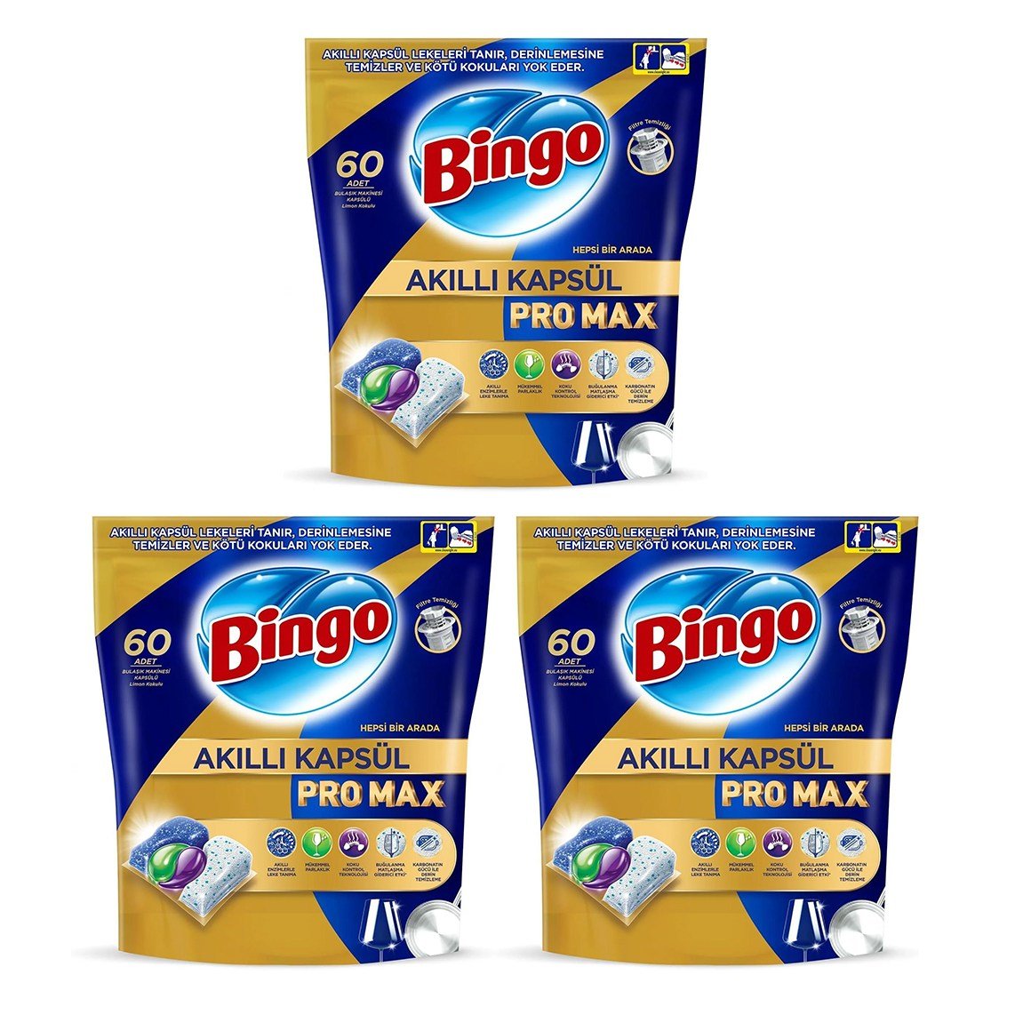 Bingo Akıllı Kapsül Pro Max Bulaşık Makinesi Deterjanı 180 Tablet (60'lı 3'lü Paket)