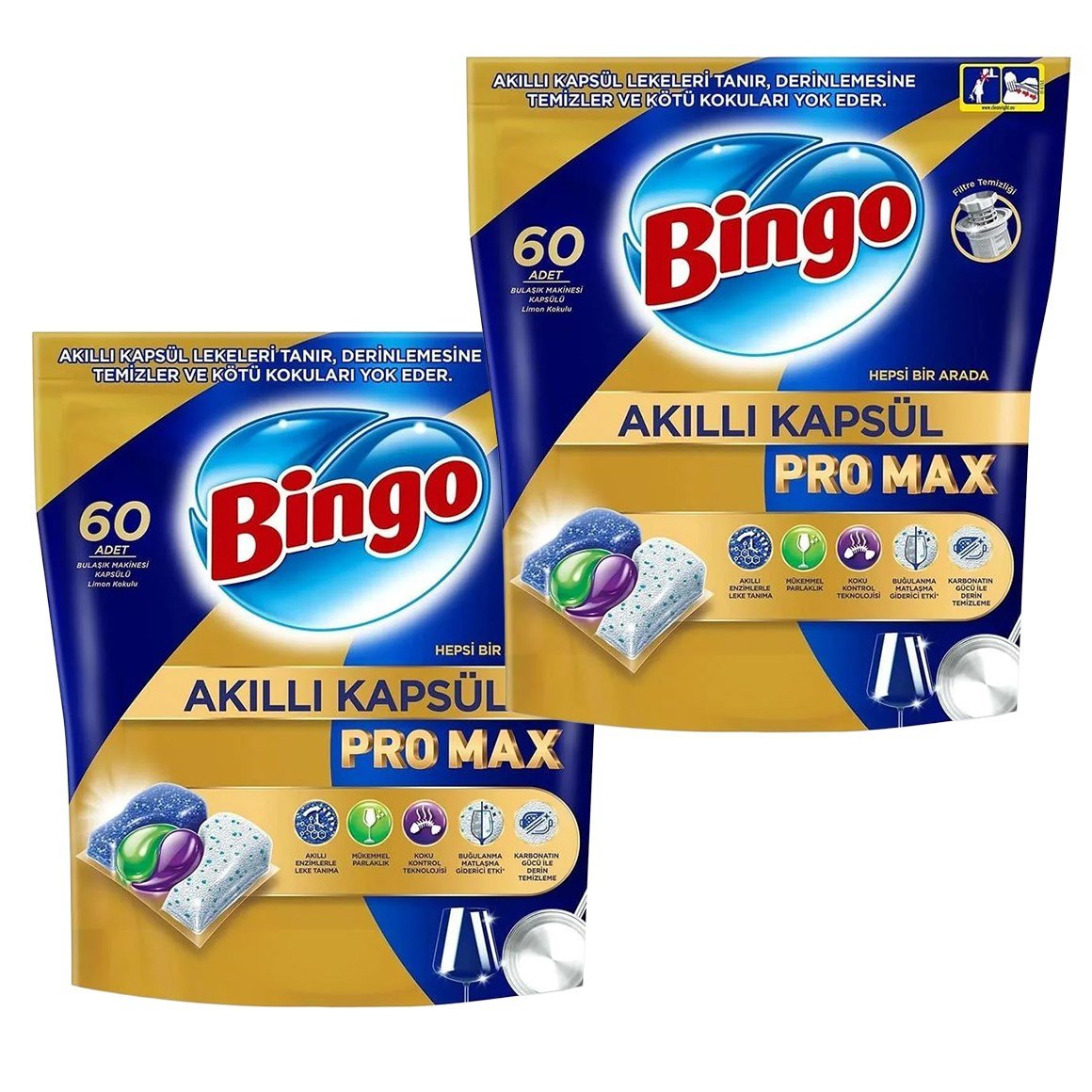 Bingo Akıllı Kapsül Pro Max Bulaşık Makinesi Deterjanı Tableti 120 adet 60'lı 2 Paket
