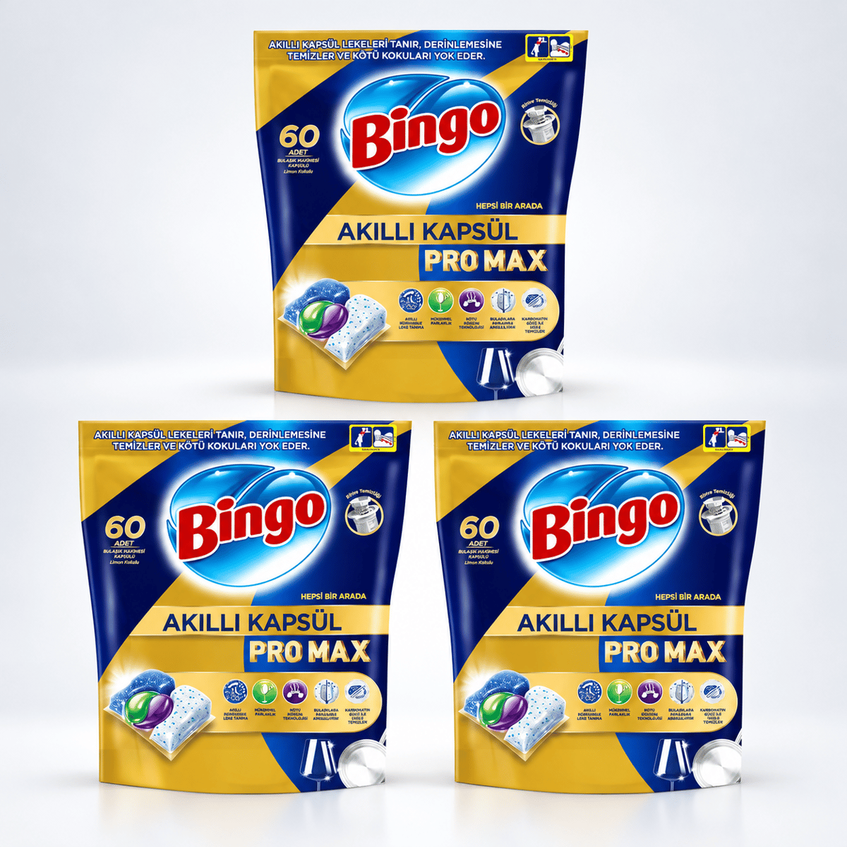 Bingo Akıllı Kapsül Pro Max Bulaşık Makinesi Deterjanı 180 Tablet (60'lı 3'lü Paket)