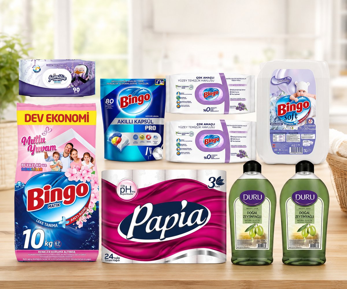 Bingo Mega Ev Temizlik ve Kişisel Bakım Seti 9 Parça | 10 Kg Deterjan, 80'li Kapsül, 5 L Yumuşatıcı, Papia, Duru