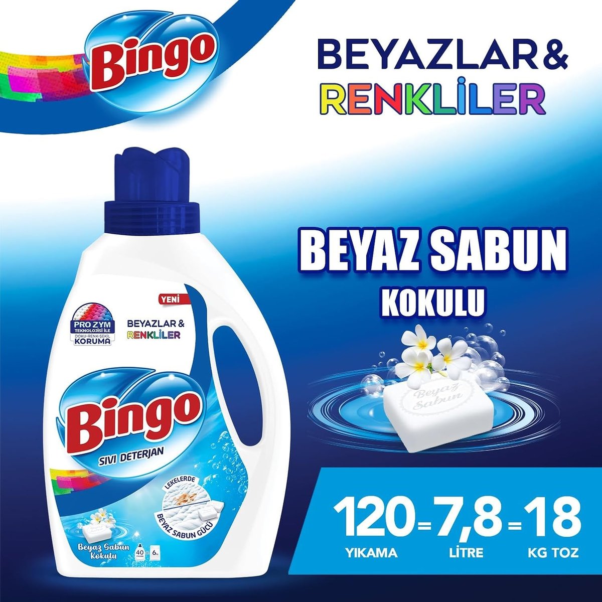 Bingo Sıvı Deterjan Beyaz Renkli Beyaz Sabun Kokulu 2600 ML