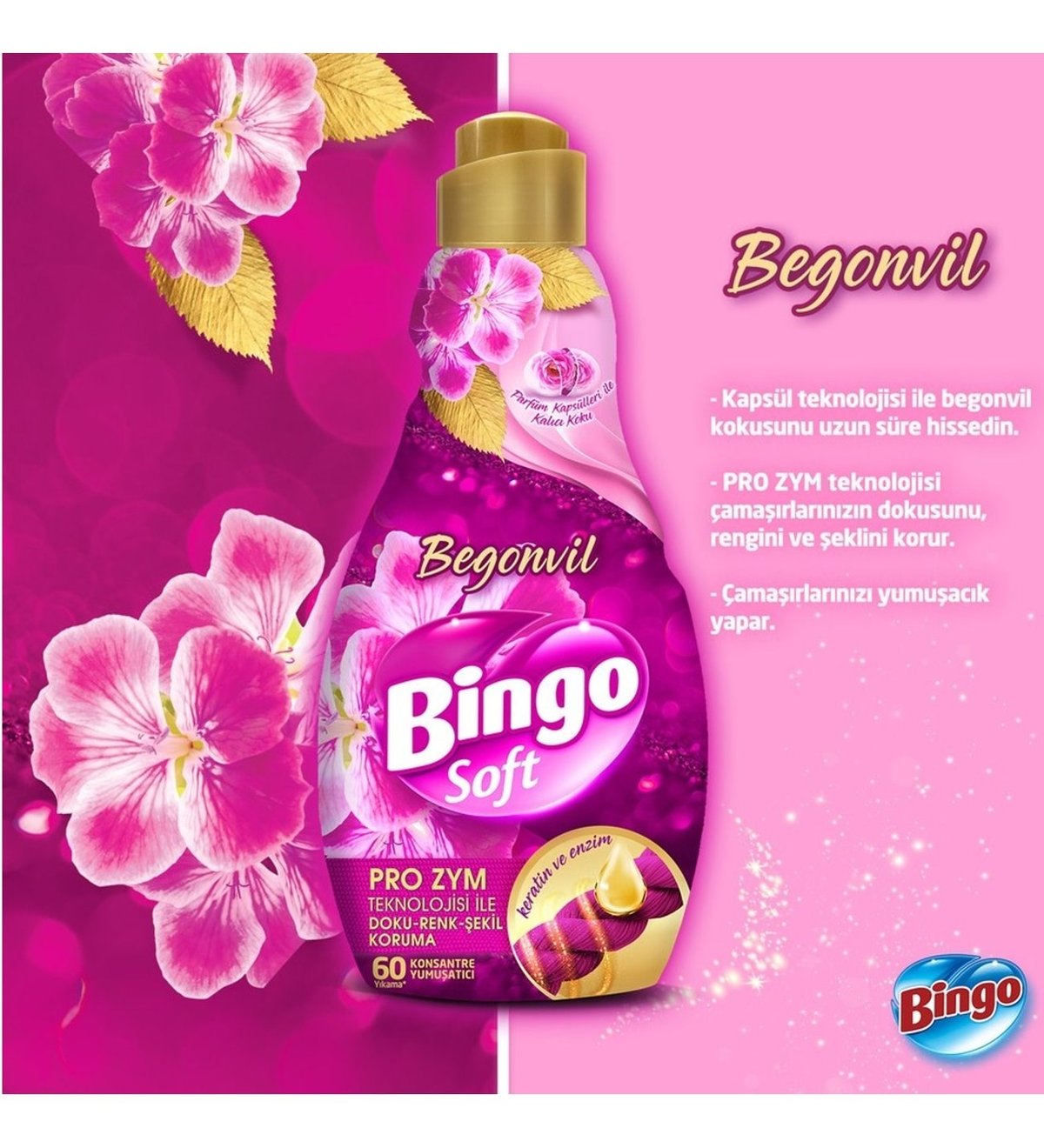 Bingo Soft Konsantre Çamaşır Yumuşatıcısı 4'lü Set 1440 ml – 2 Lovely + 2 Begonvil