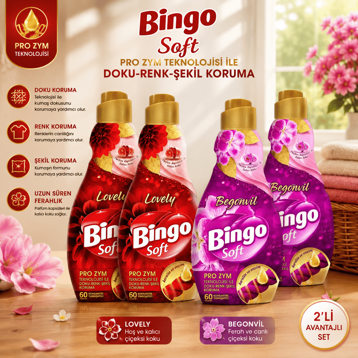 Bingo Soft Konsantre Çamaşır Yumuşatıcısı 4'lü Set 1440 ml – 2 Lovely + 2 Begonvil