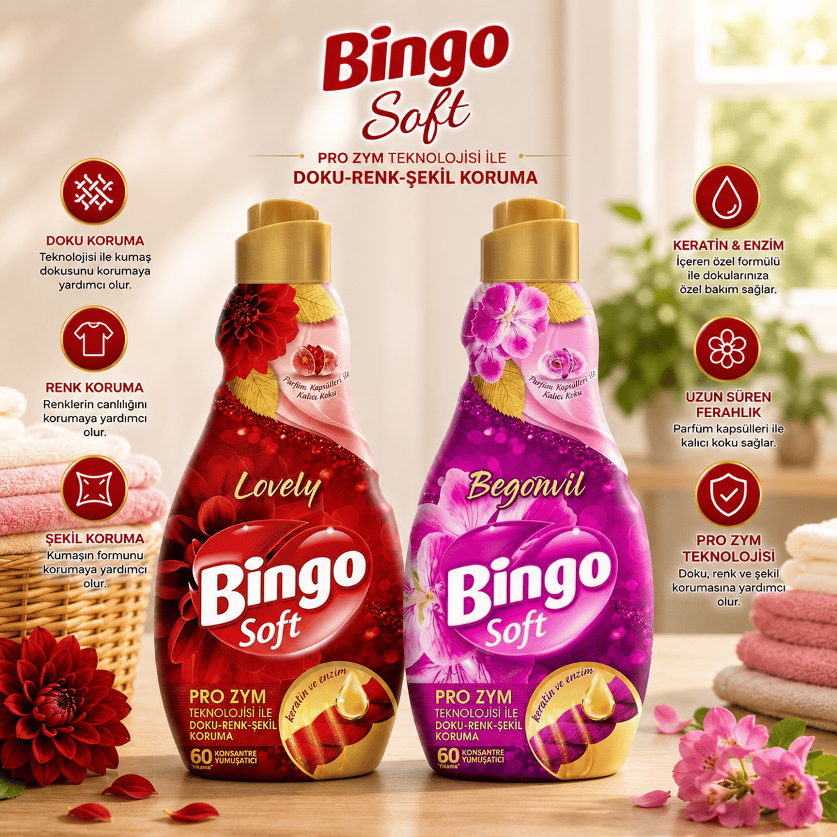 Bingo Soft Konsantre Çamaşır Yumuşatıcı 2'li Set 1440 ml – Begonvil + Lovely