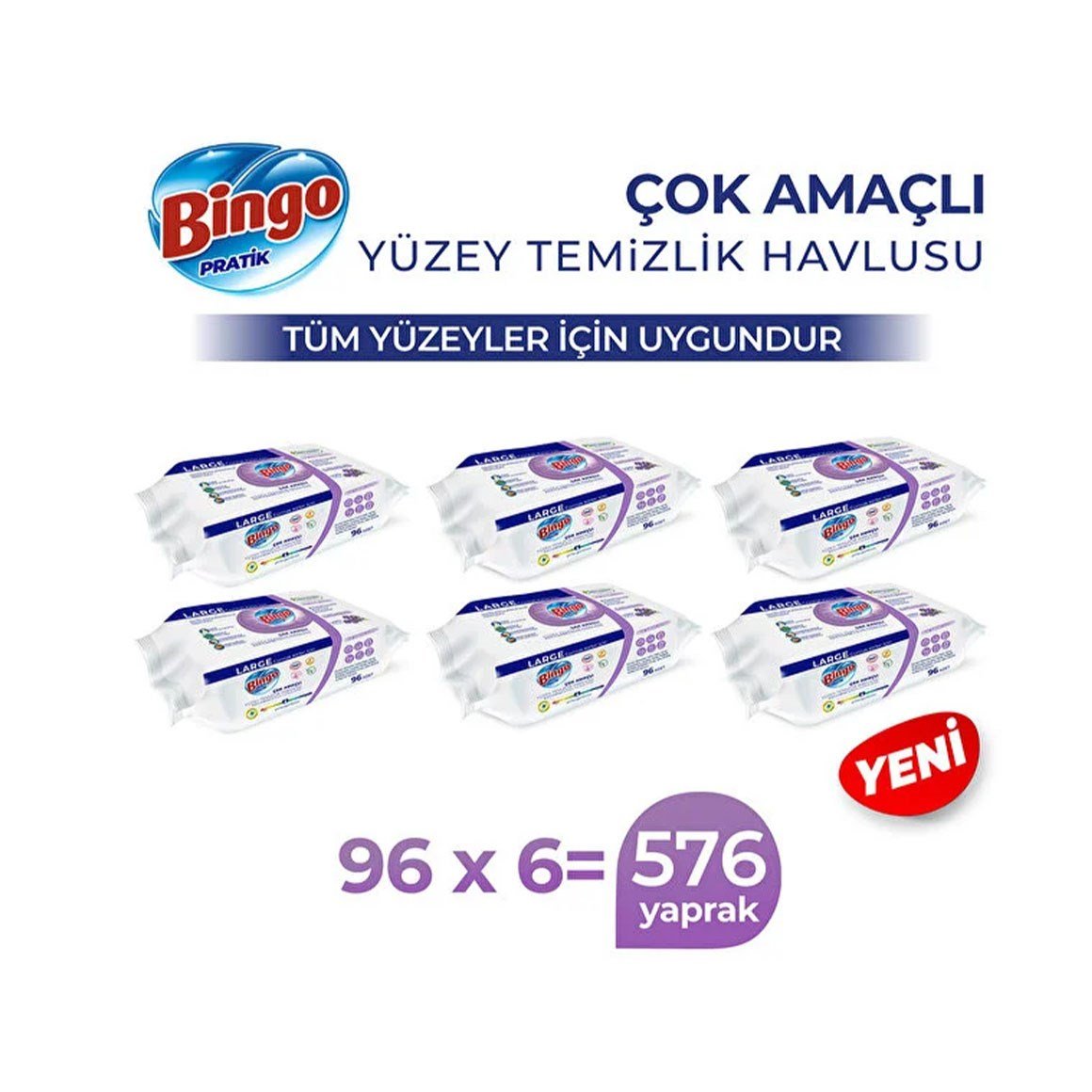 Bingo Yüzey Temizlik Havlusu Large Lavanta 96 Yaprak x 6 Paket (576 Yaprak)