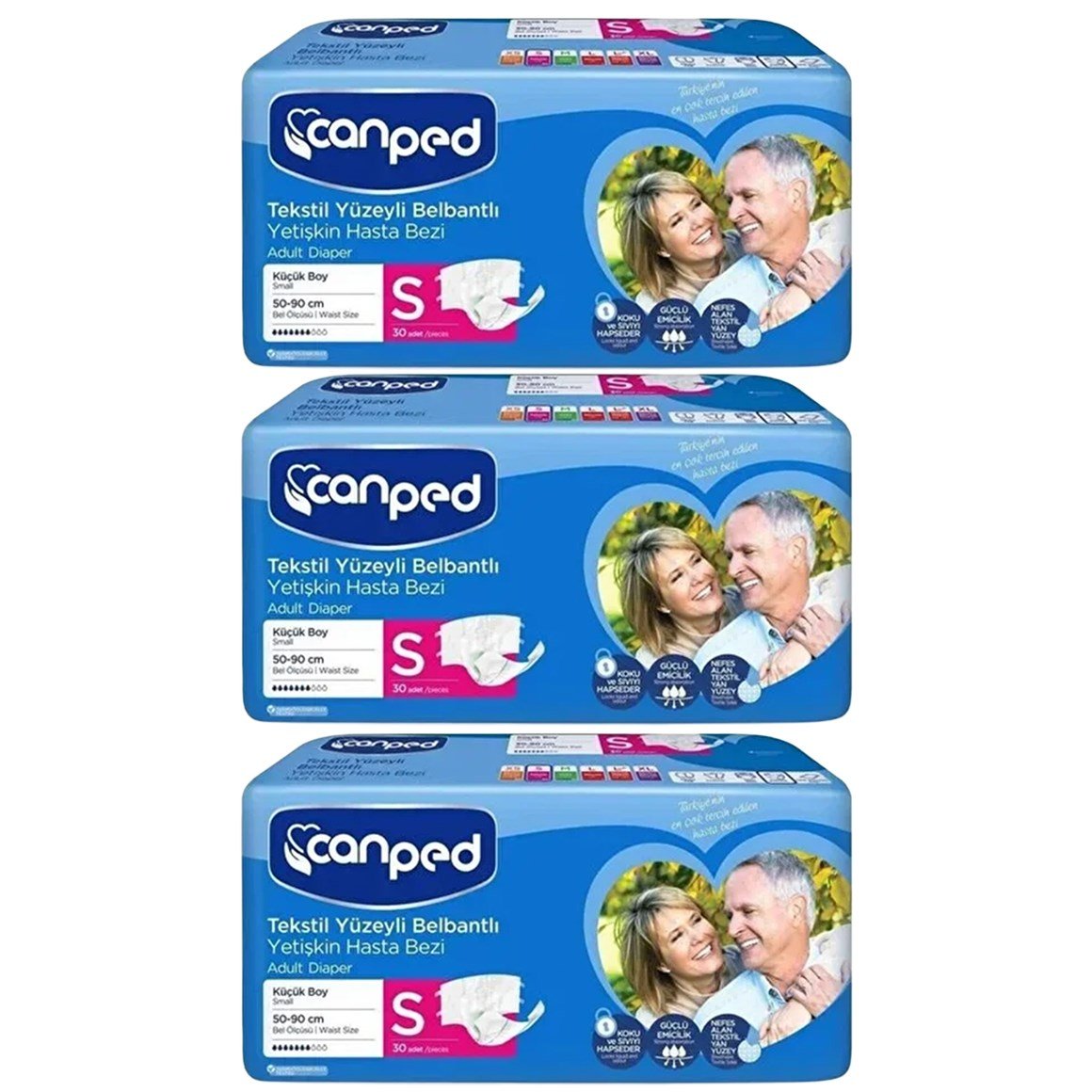 Canped Bel Bantlı Yetişkin Hasta Bezi 90 adet - S Bel Ölçüsü : 50 - 90 Cm 30'lu 3 paket