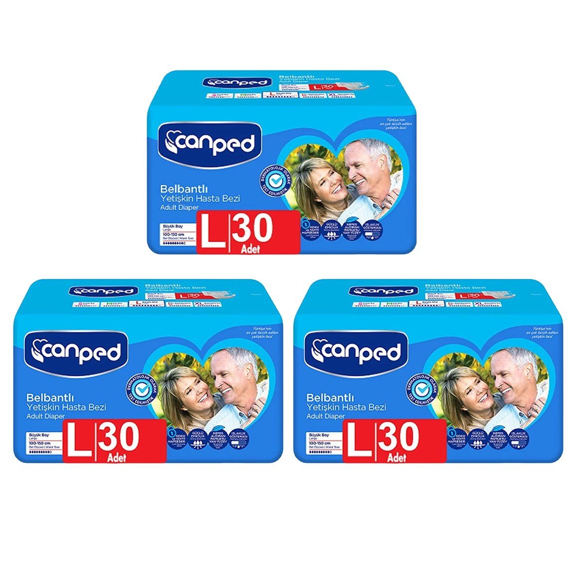 Canped Tekstil Yüzeyli Belbantlı Yetişkin Hasta Bezi Large 90 adet (30'lu 3 Paket)