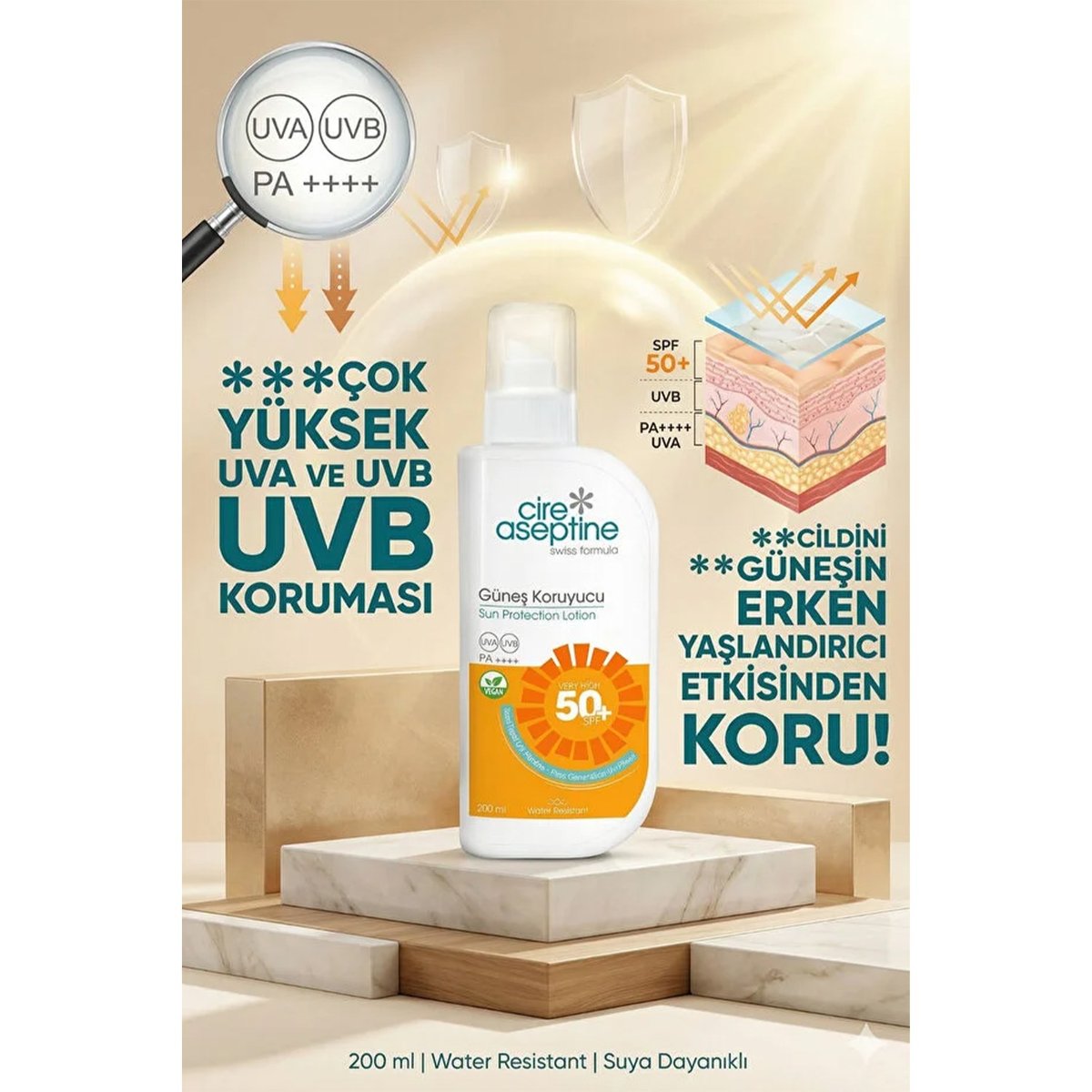Cire Aseptine Güneş Koruyucu Krem 50 SPF 200 ml + Mineral Filtreli Güneş Koruyucu (50 ml)