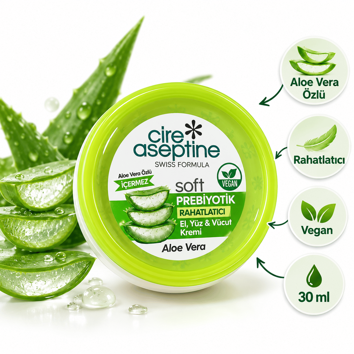 Cire Aseptine Soft Aloe Vera Özlü Prebiyotik El, Yüz ve Vücut Kremi 30 ml
