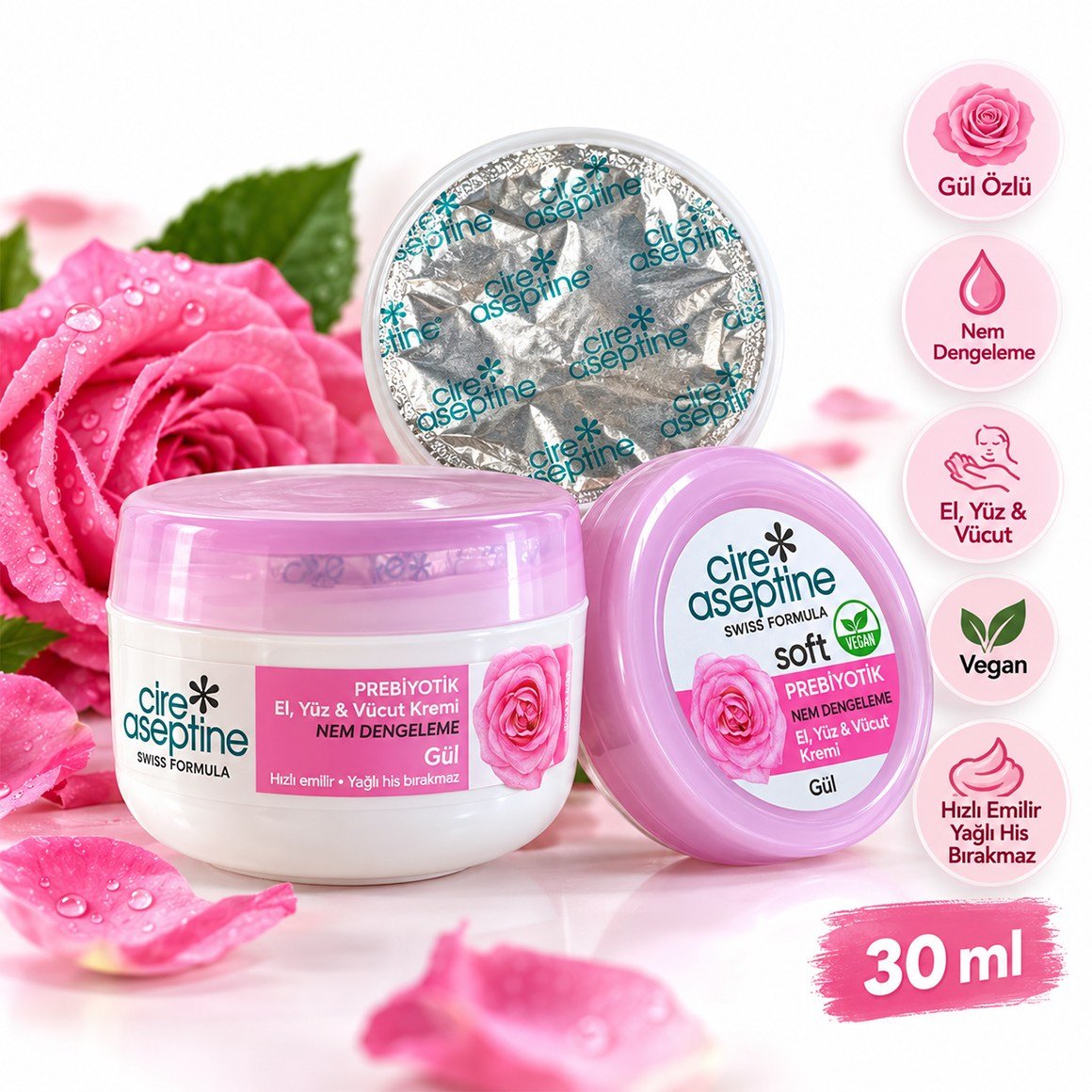 Cire Aseptine Soft Gül Özlü Prebiyotik El, Yüz ve Vücut Kremi 30 ml