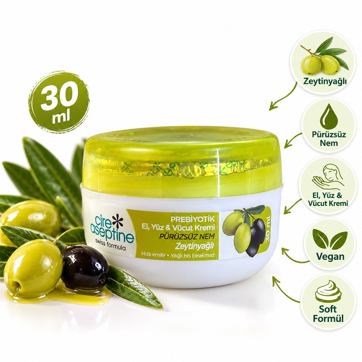 Cire Aseptine Soft Zeytinyağlı Prebiyotik El, Yüz ve Vücut Kremi 30 ml