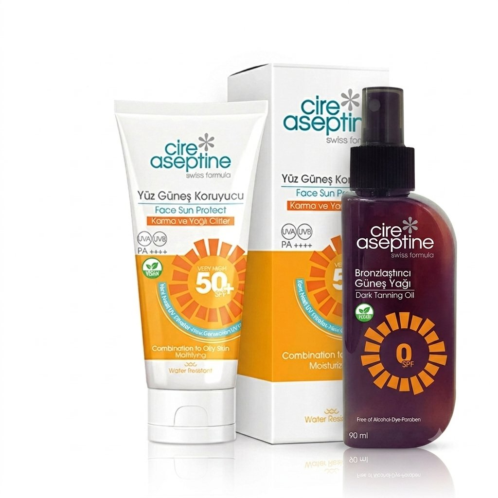 Cire Aseptine Yüz Güneş Koruyucu Krem Karma ve Yağlı ciltler 50+ SPF 50 ml + Bronzlaştırıcı Güneş Yağı Karma ve Yağlı Ciltler 90ml 