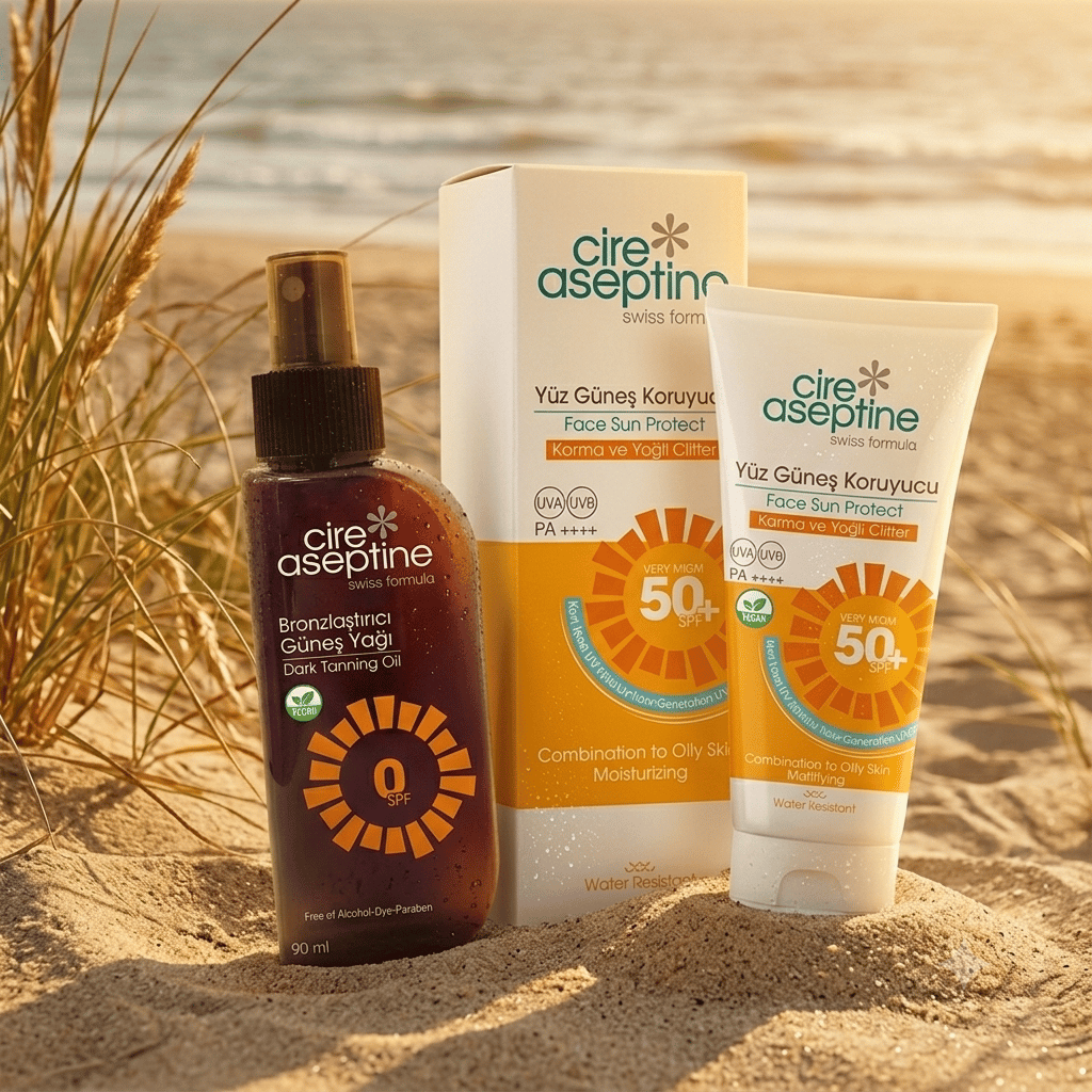 Cire Aseptine Yüz Güneş Koruyucu Krem Karma ve Yağlı ciltler 50+ SPF 50 ml + Bronzlaştırıcı Güneş Yağı Karma ve Yağlı Ciltler 90ml 