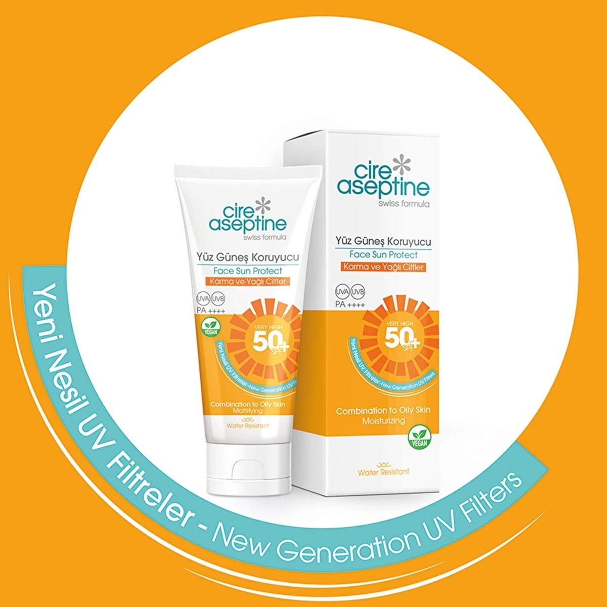 Cire Aseptine Yüz Güneş Koruyucu Krem Karma ve Yağlı ciltler 50+ SPF 50 ml + Bronzlaştırıcı Güneş Yağı Karma ve Yağlı Ciltler 90ml 