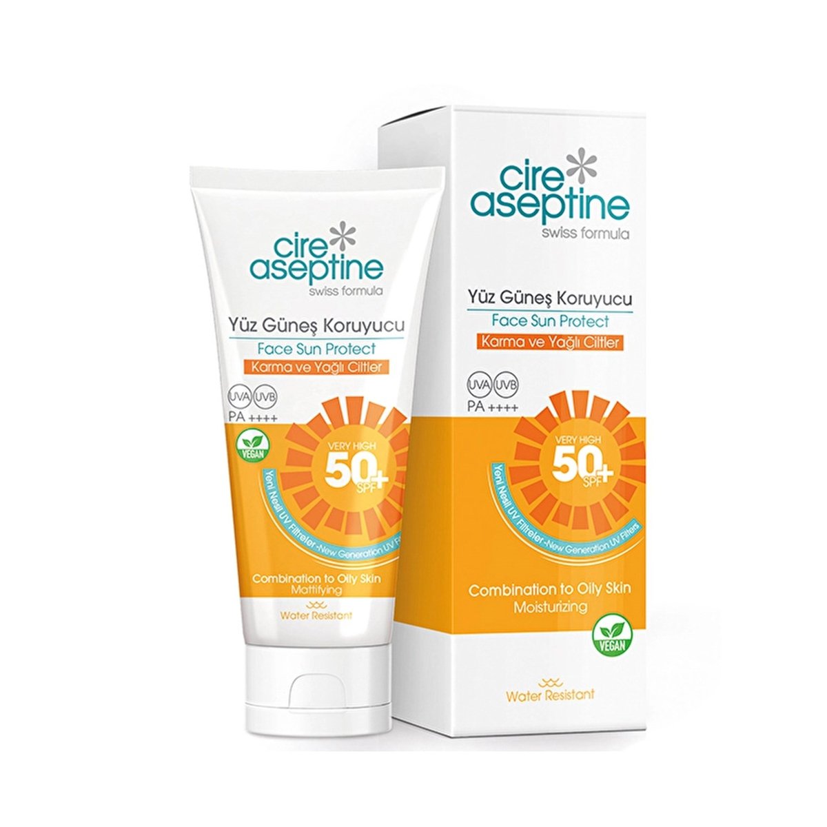 Cire Aseptine Yüz Güneş Koruyucu Krem Karma ve Yağlı ciltler 50+ SPF 50 ml + Bronzlaştırıcı Güneş Yağı Karma ve Yağlı Ciltler 90ml 