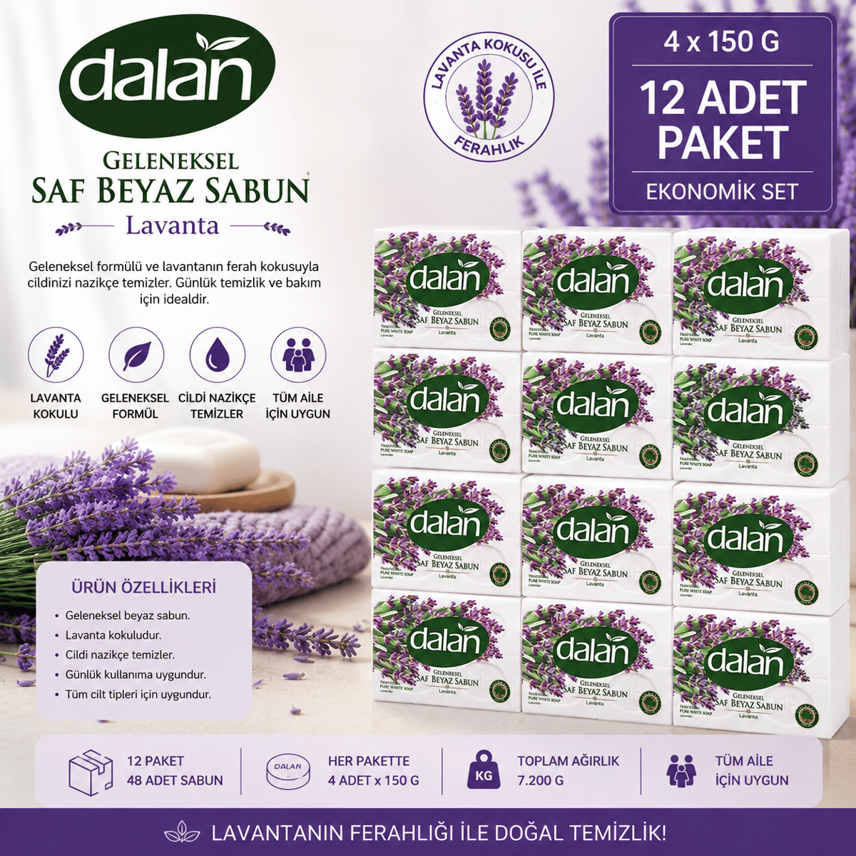 Dalan Banyo Sabunu Beyaz Lavanta 4 x 150 G – 12 Adet