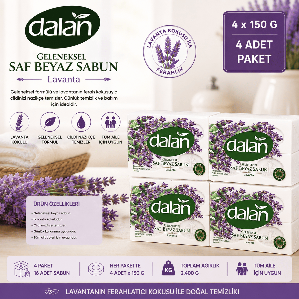 Dalan Banyo Sabunu Beyaz Lavanta 4 x 150 GR 4 Adet