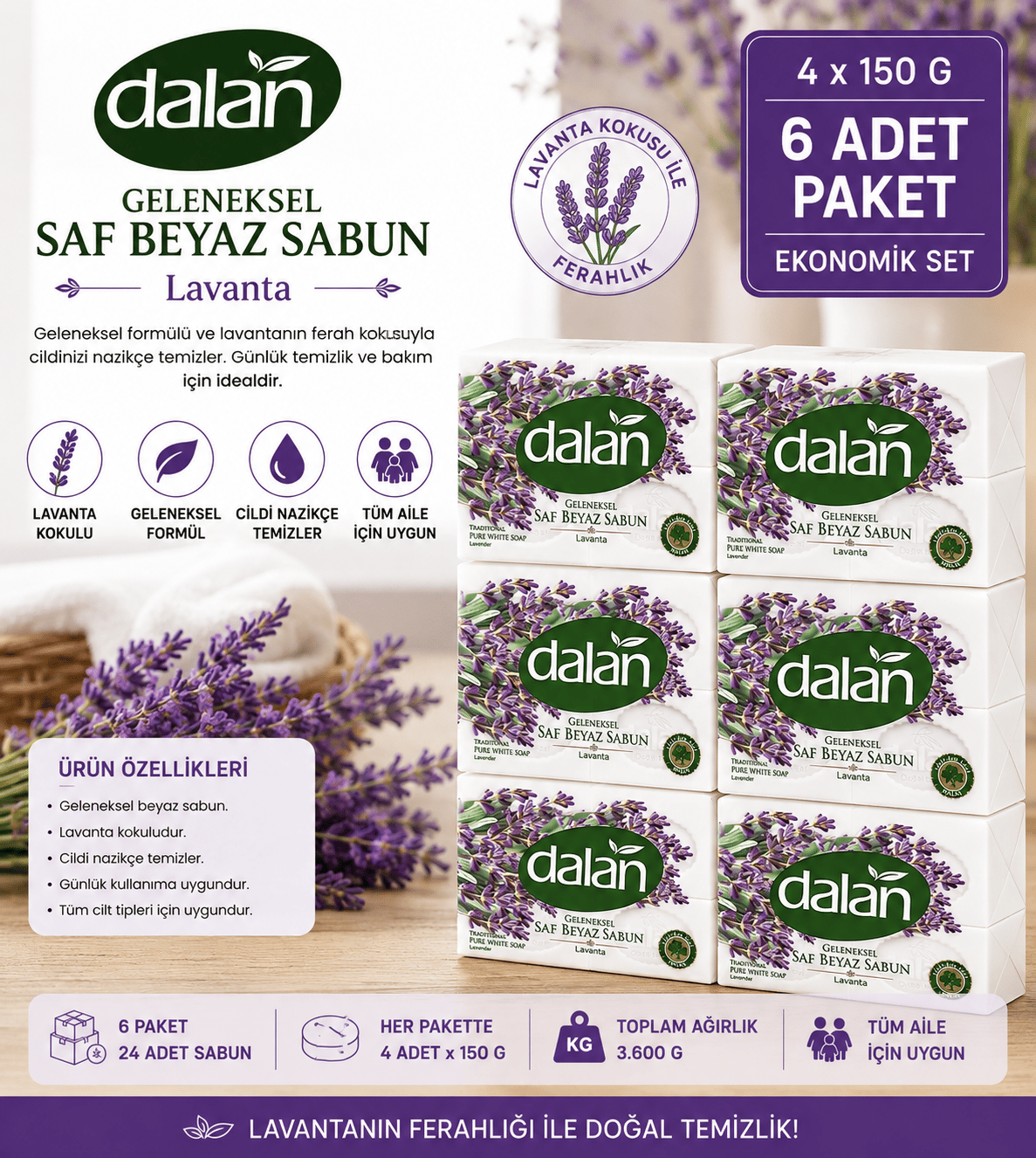 Dalan Banyo Sabunu Beyaz Lavanta 4 x 150 G – 6 Adet