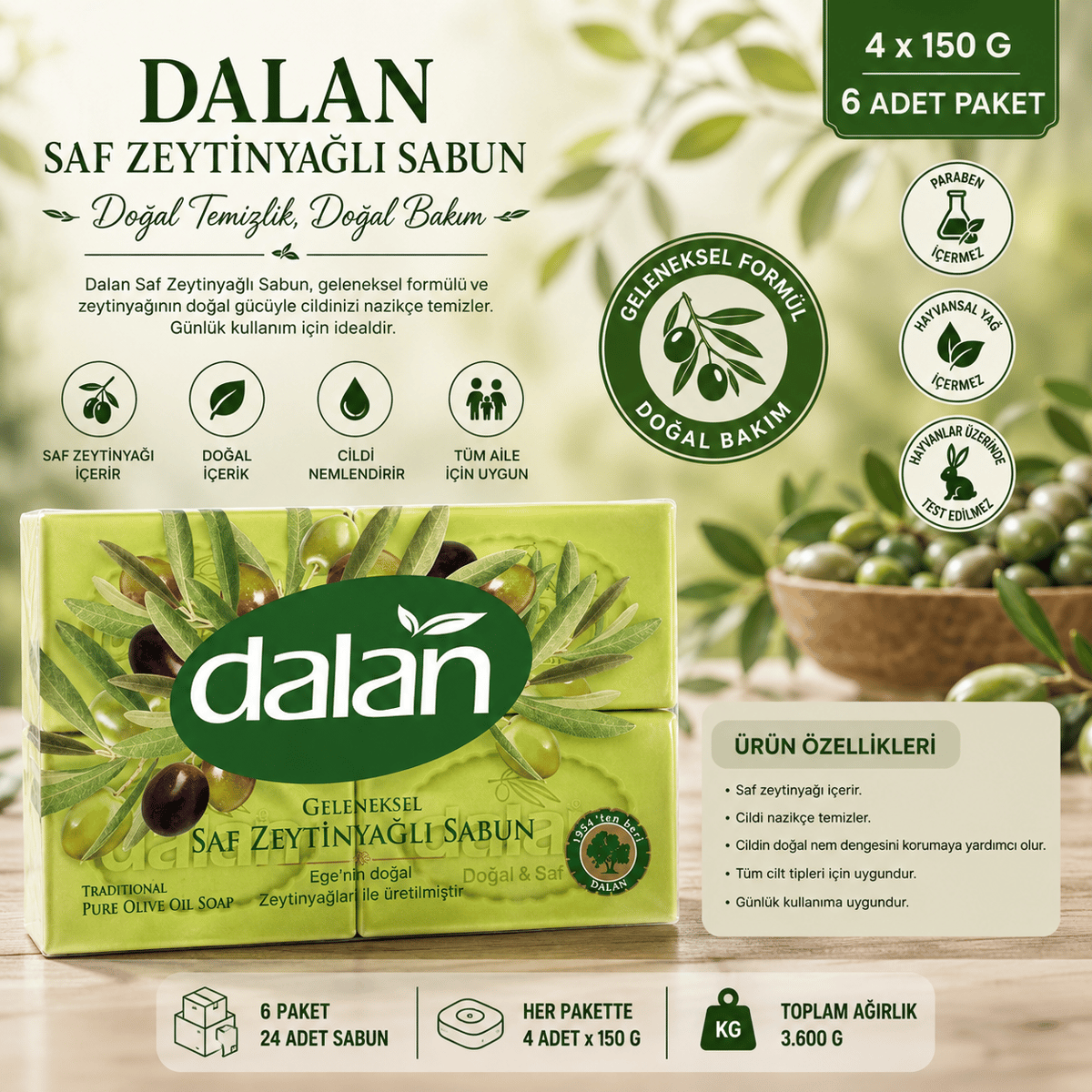 Dalan Banyo Sabunu Zeytinyağı 4 x 150 GR 6 Adet
