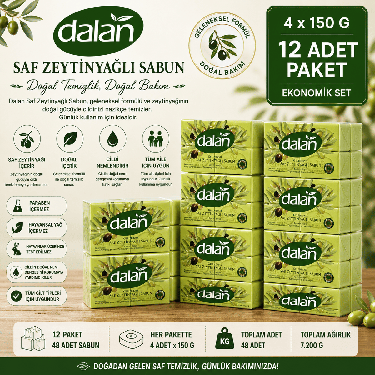 Dalan Banyo Sabunu Zeytinyağı 4 x 150 GR 12 Adet