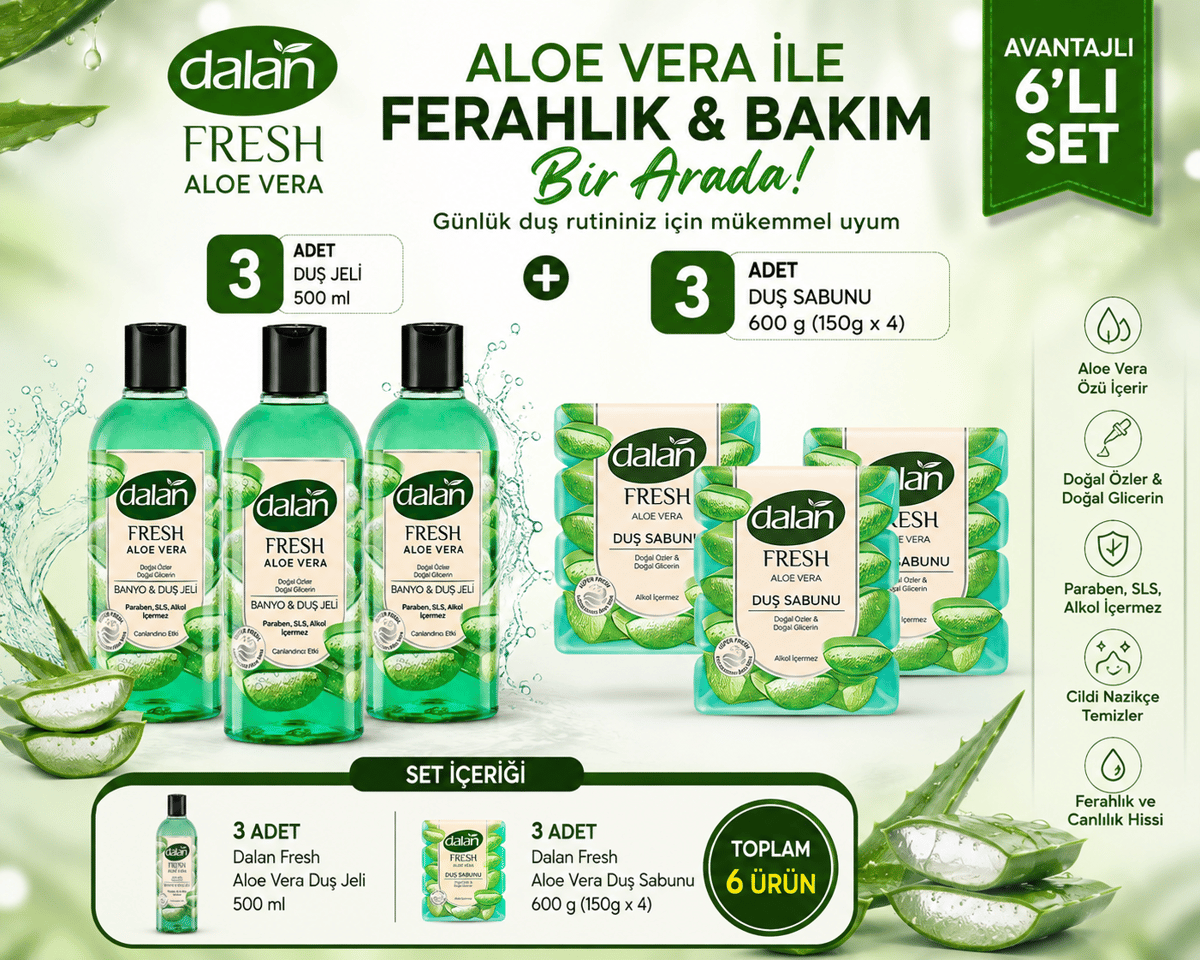 Dalan Fresh Aloe Vera Duş Bakım Seti 3'lü - 3 x 500 ml Duş Jeli + 3 x (4 x 150 g) Duş Sabunu