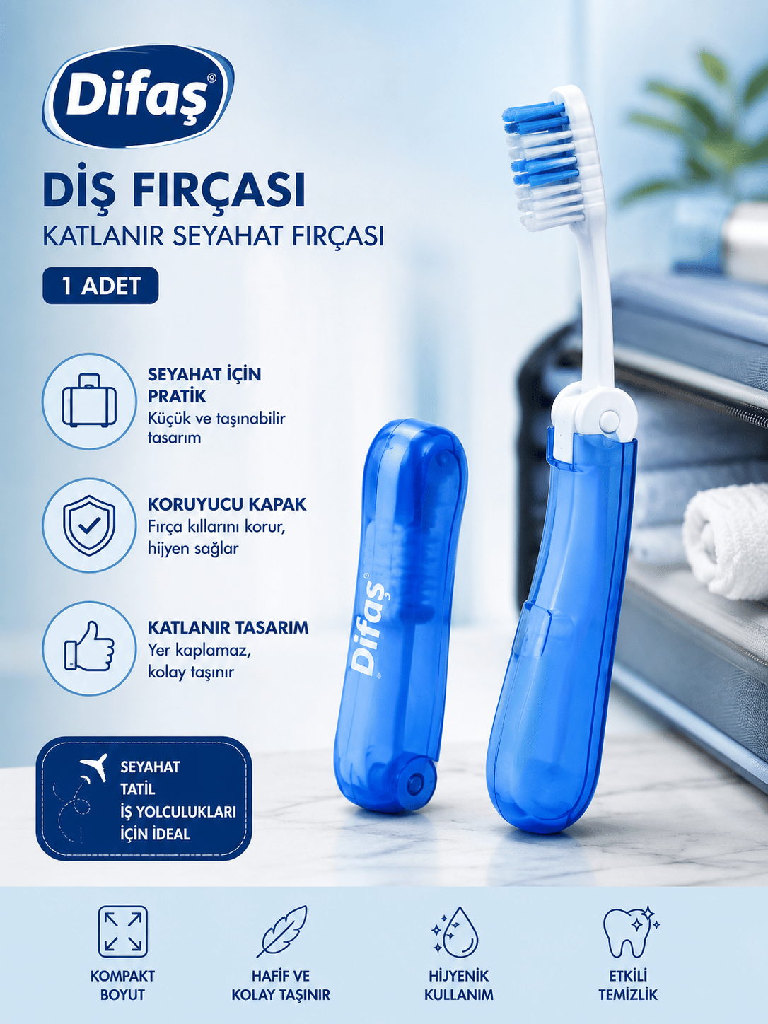 Difaş Diş Fırçası Katlanır Seyahat Fırçası Pembe 