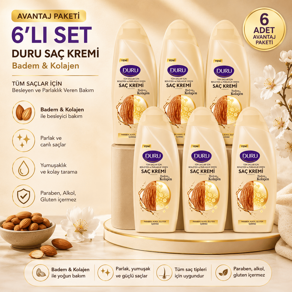 Duru Saç Kremi Badem ve Kolajen 500 ml 6'lı Set