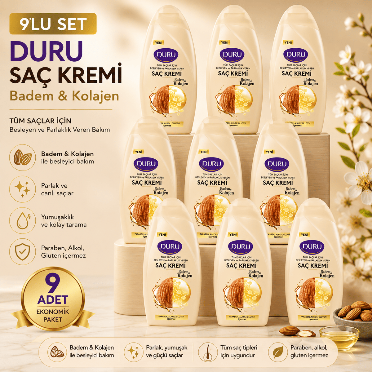 Duru Saç Kremi Badem ve Kolajen 500 ml 9'lu Set