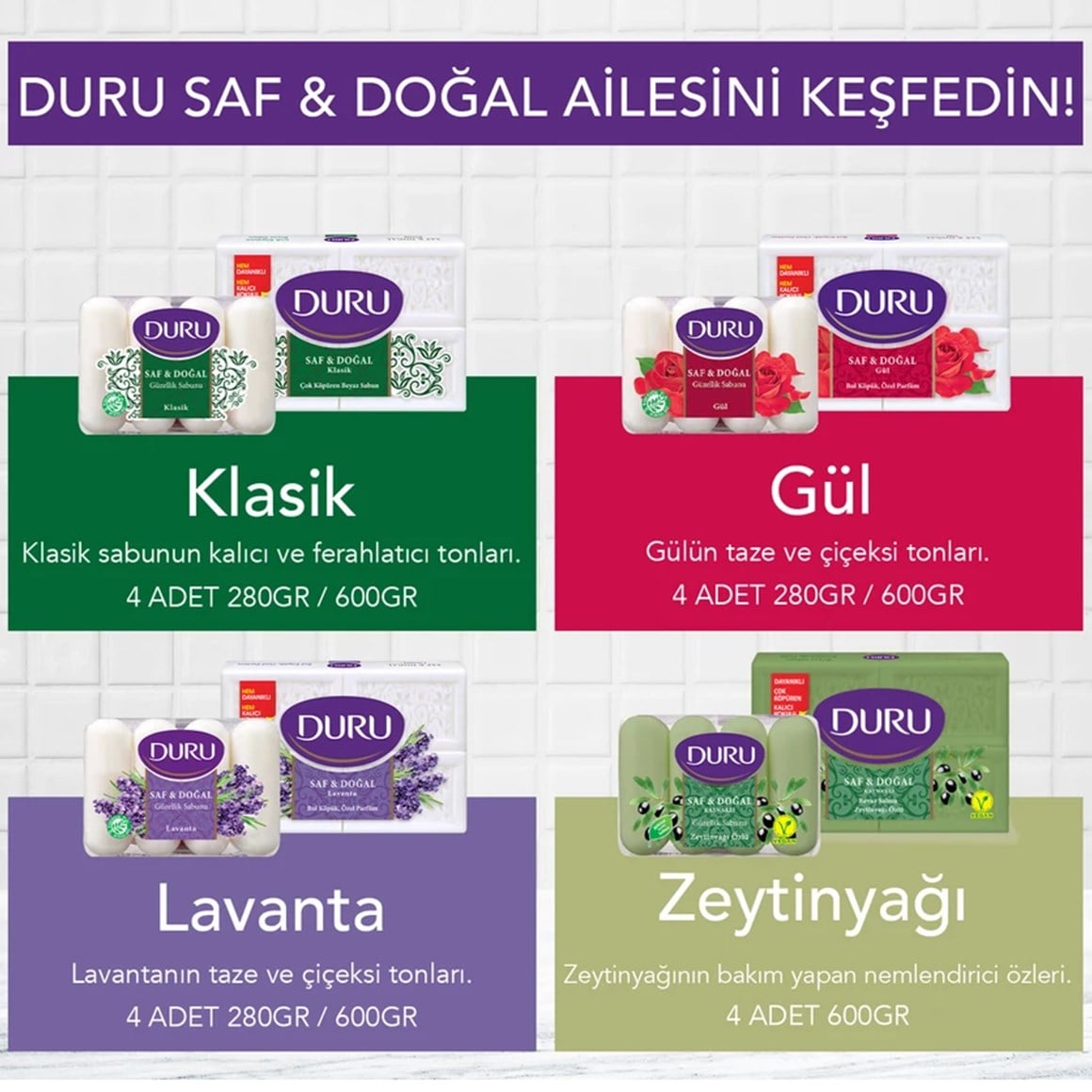 Duru Saf ve Doğal Kaynaklı Lavanta 4 adet Beyaz Kalıp Sabun 600 gr