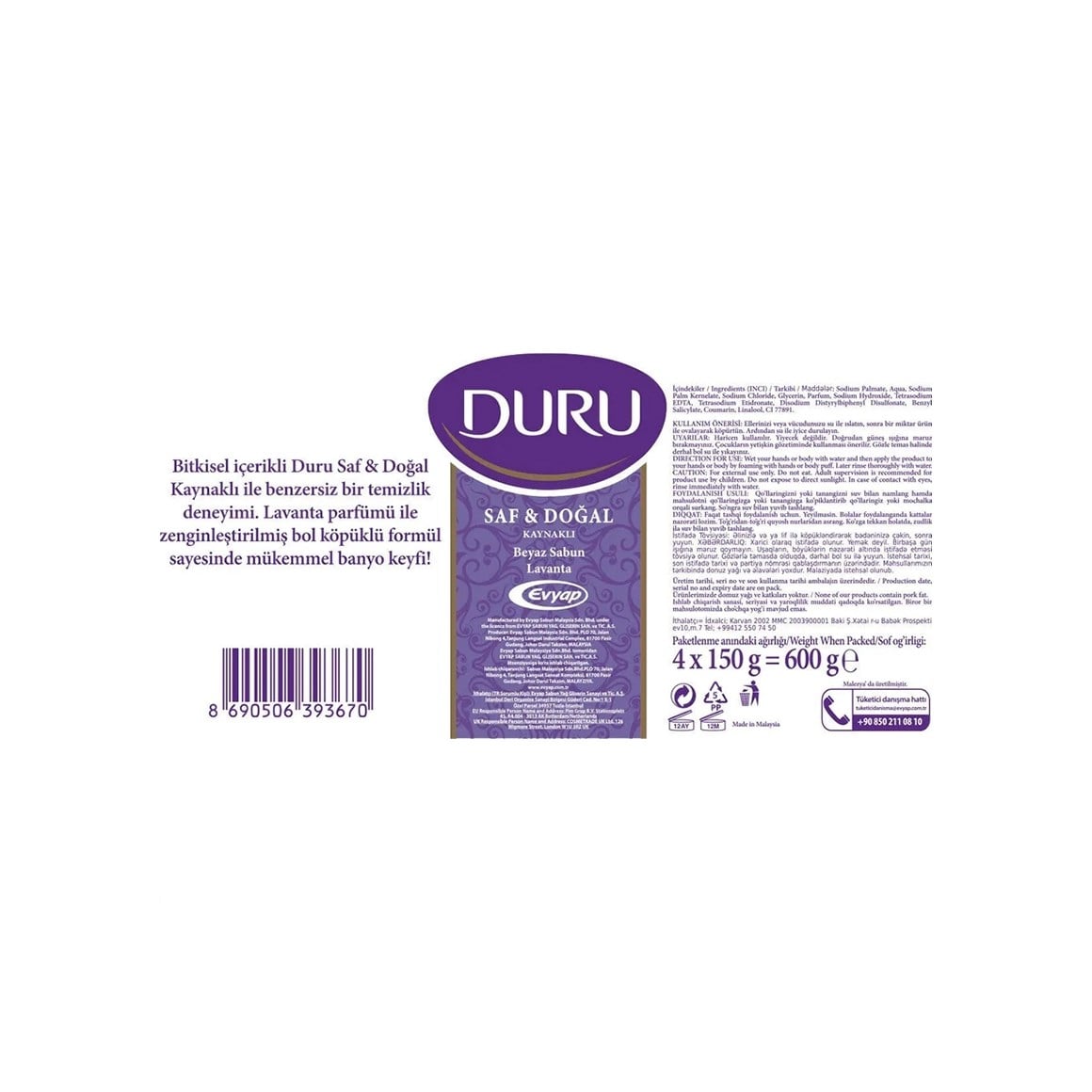 Duru Saf ve Doğal Kaynaklı Lavanta 4 adet Beyaz Kalıp Sabun 600 gr