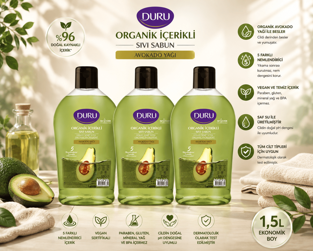 Duru Sıvı Sabun Organik İçerikli Avokado 1,5 l 3 adet