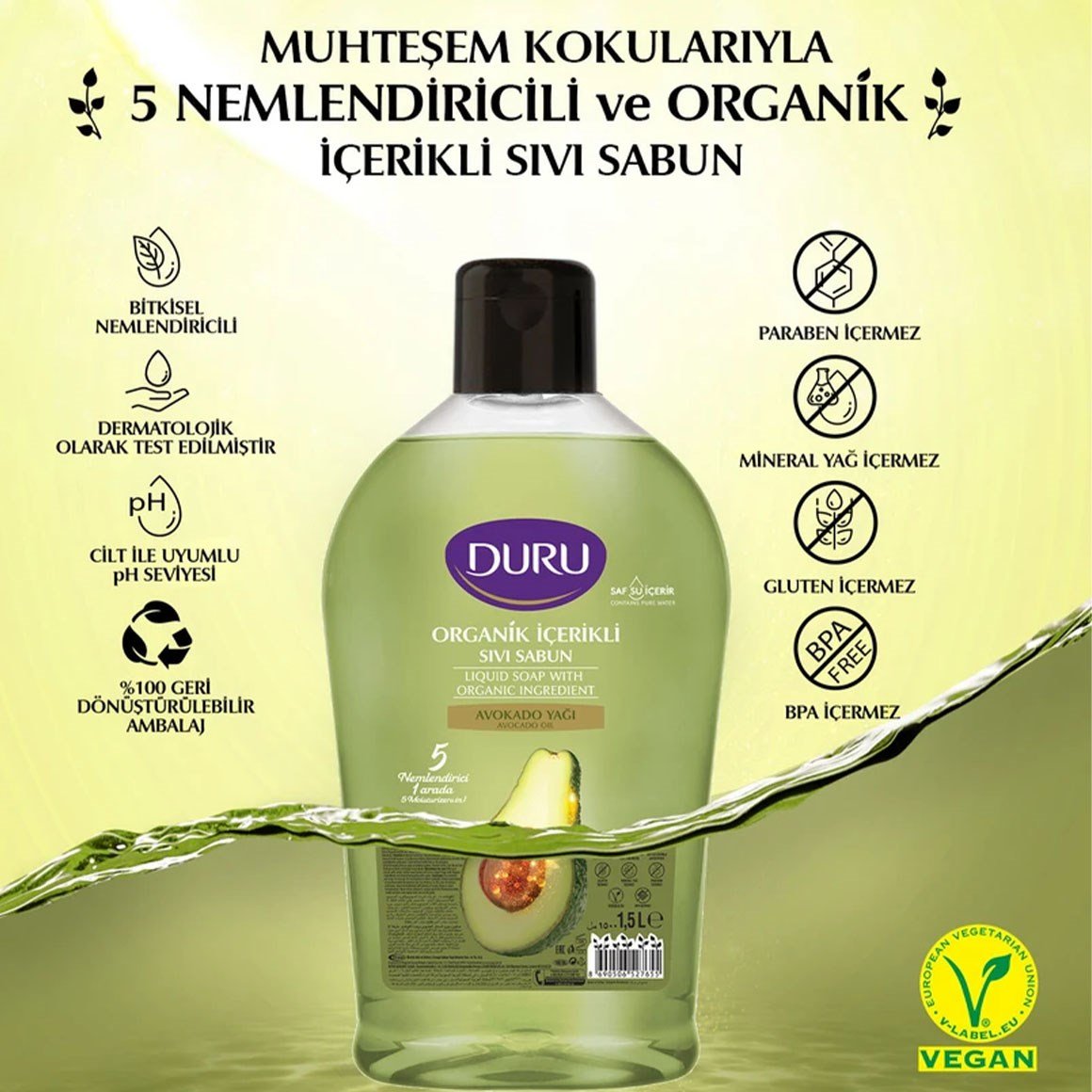 Duru Sıvı Sabun Organik İçerikli Avokado 1,5 l 3 adet