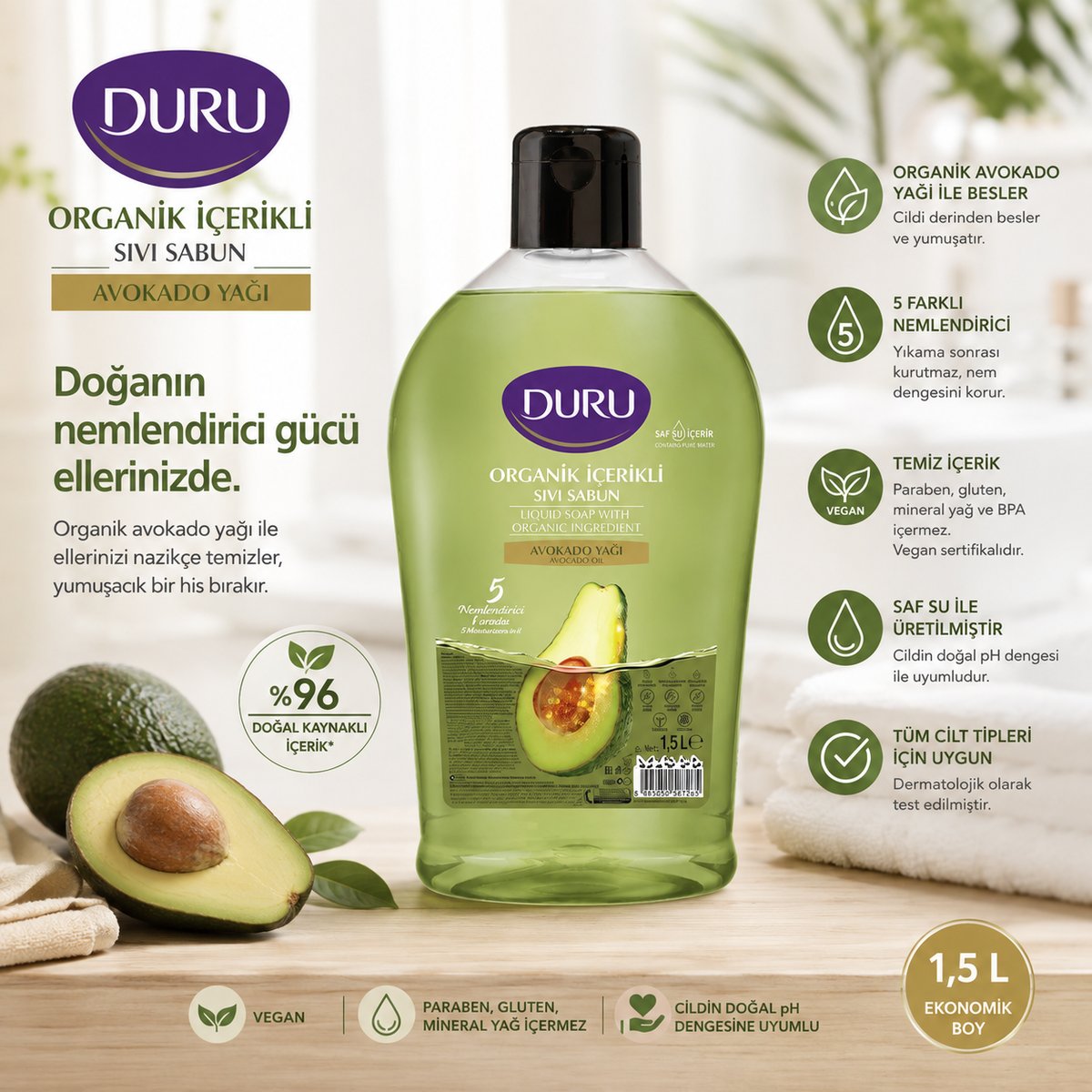 Duru Sıvı Sabun Organik İçerikli Avokado 1500 ml x 8 adet