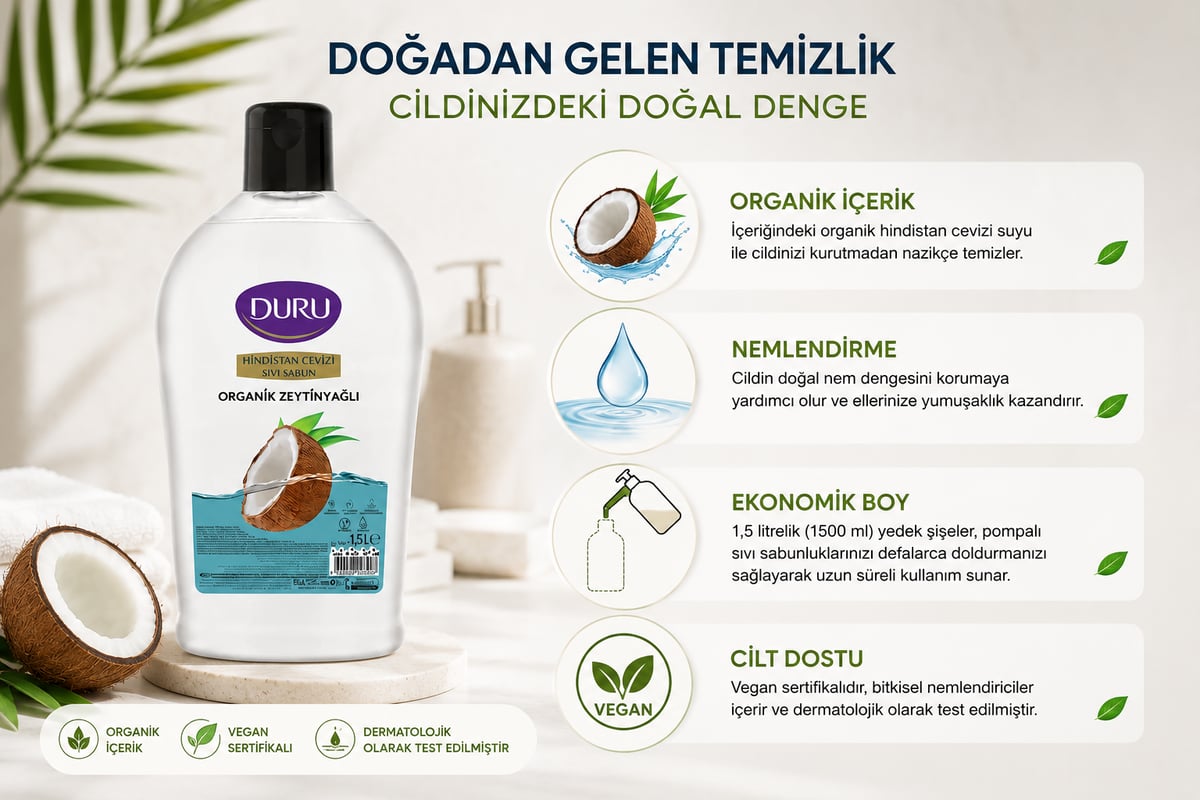 Duru Sıvı Sabun Organik İçerikli Hindistan Cevizli 1,5 litre 4 adet