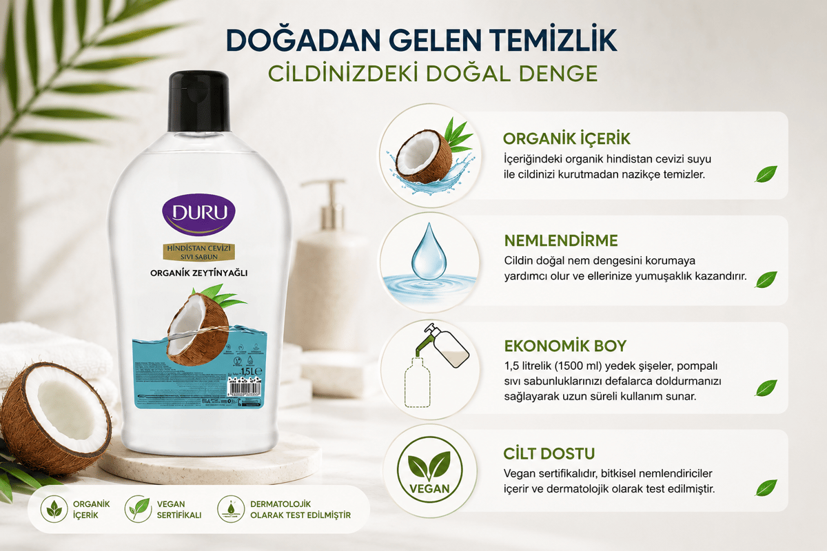 Duru Sıvı Sabun Organik İçerikli Hindistan Cevizli 1500 ml