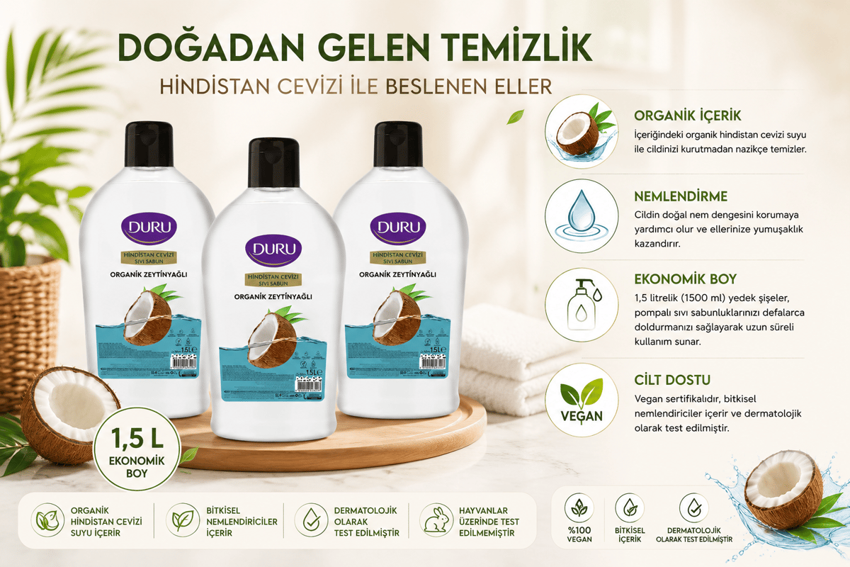 Duru Sıvı Sabun Organik İçerikli Hindistan Cevizli 1,5 l 3 adet