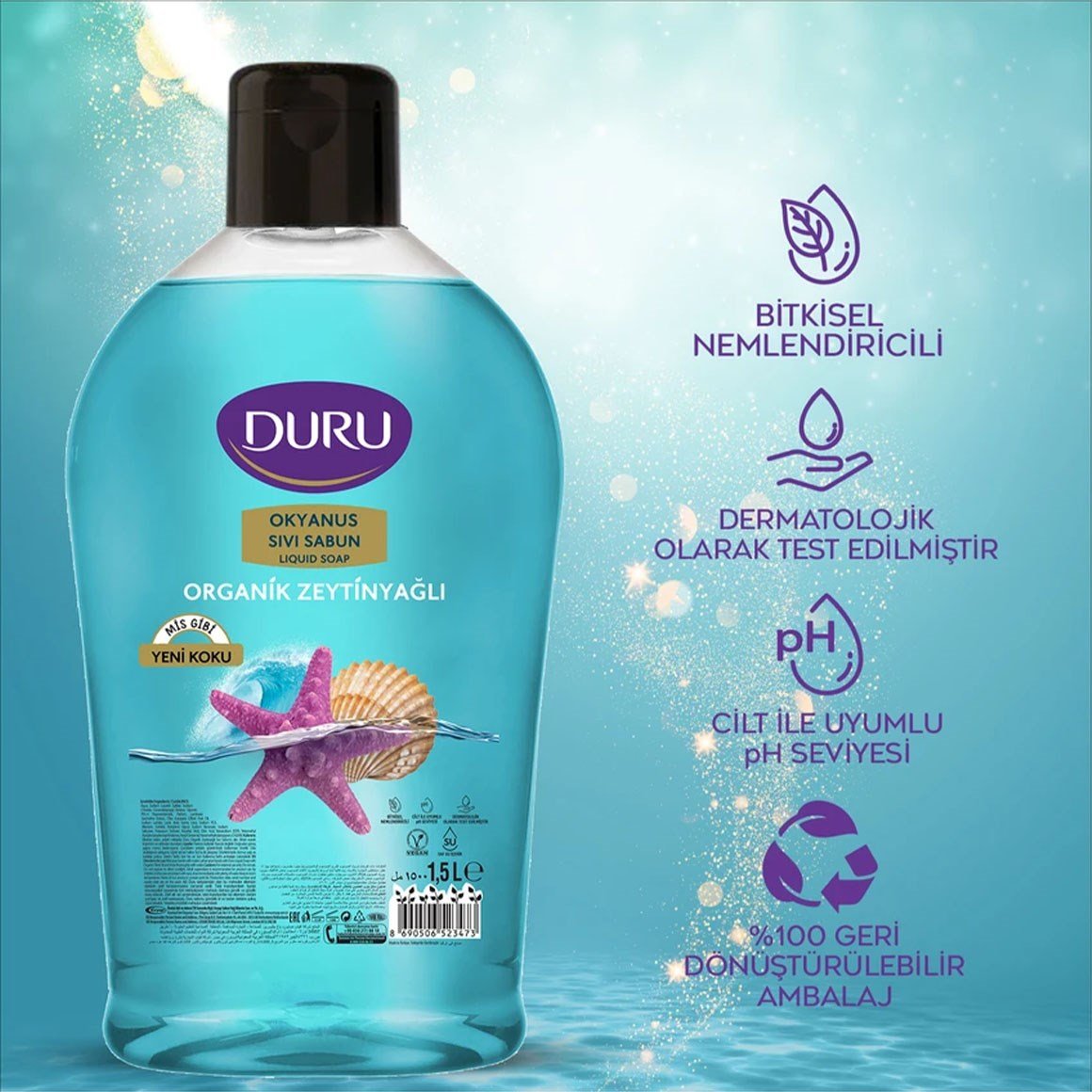 Duru Sıvı Sabun Organik İçerikli Okyanus Tazeliği 1,5 l 3 adet