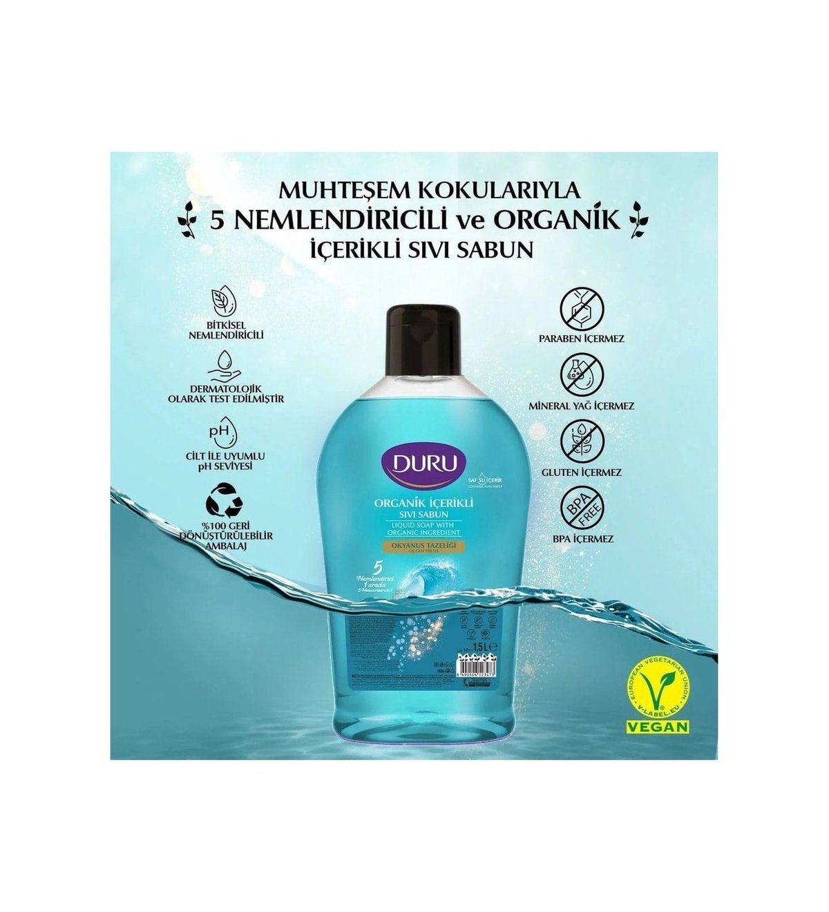 Duru Sıvı Sabun Organik İçerikli Okyanus Tazeliği 1500 ml