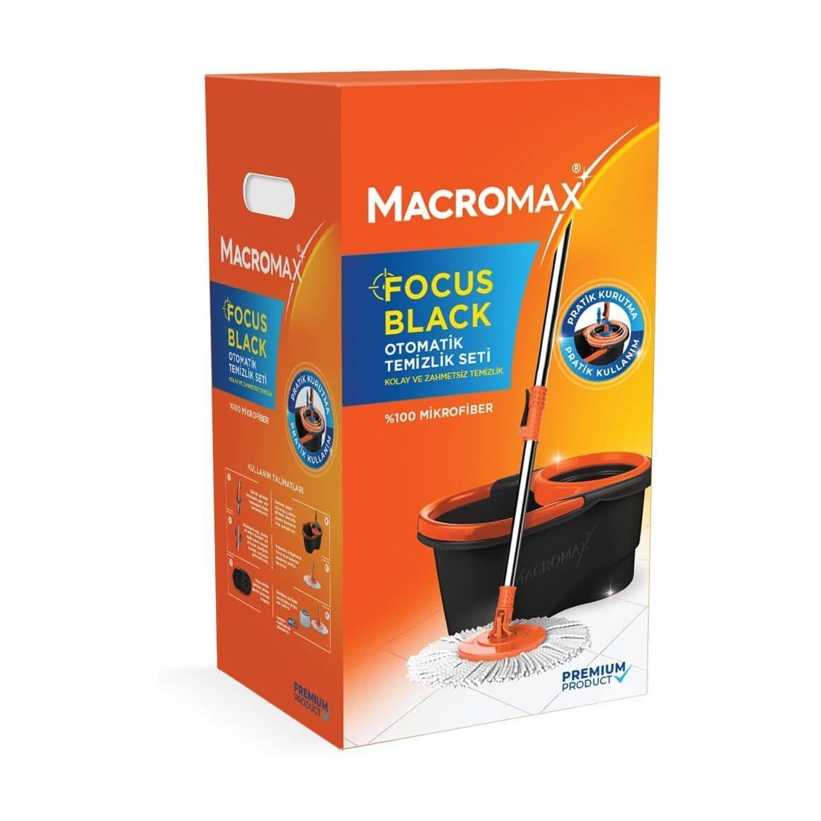 Macromax Focus Black Edition Otomatik Temizlik Seti | Döner Sıkmalı Mop