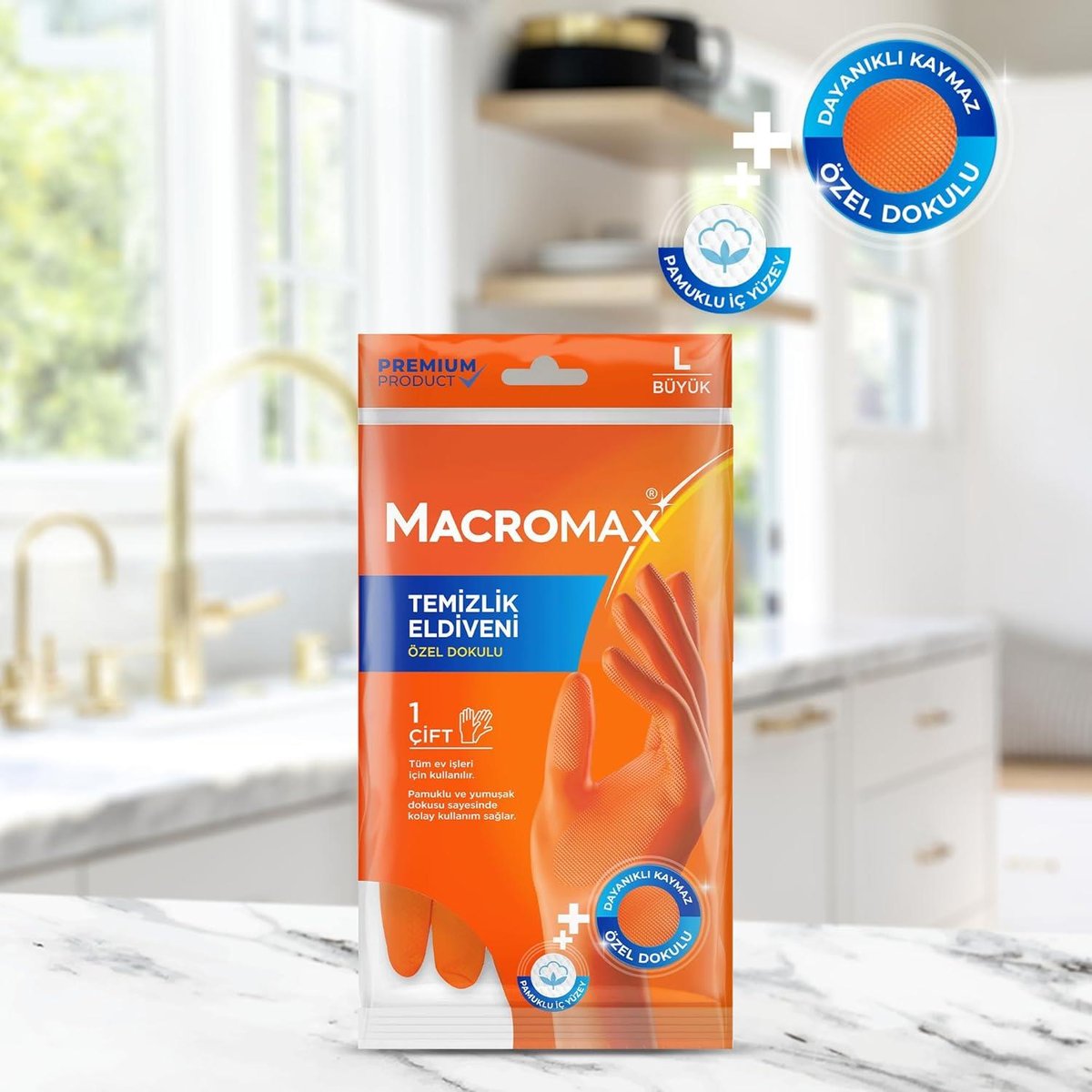 Macromax Temizlik Eldiveni L Beden Pamuklu İç Yüzeyli, Kaydırmaz Desenli