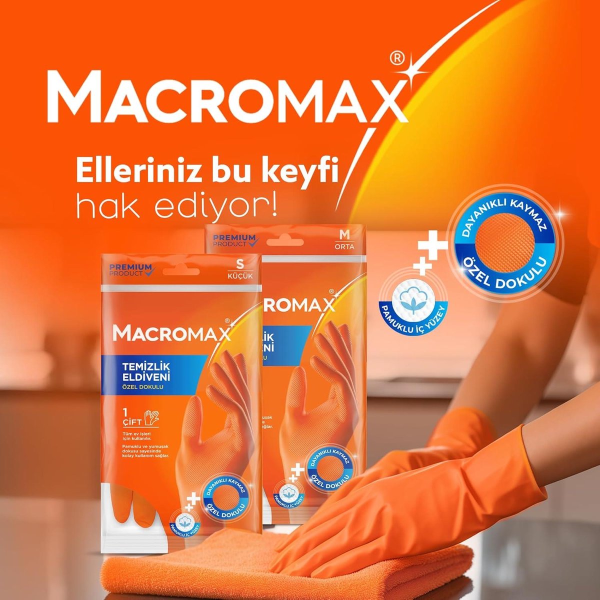 Macromax Temizlik Eldiveni L Beden Pamuklu İç Yüzeyli, Kaydırmaz Desenli