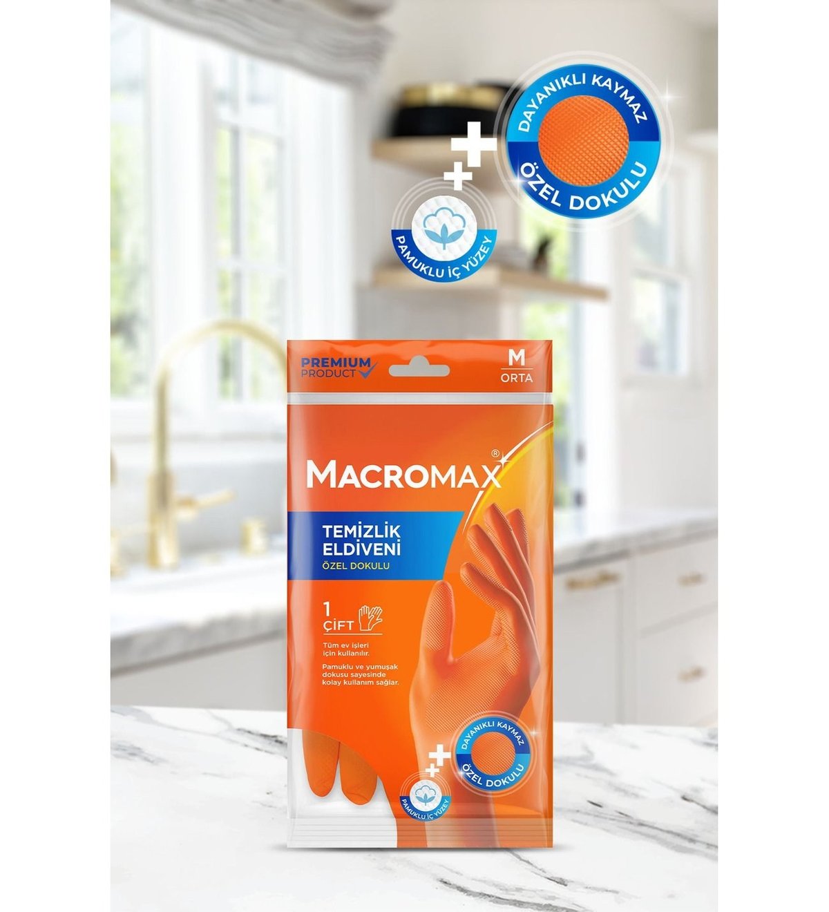 Macromax Temizlik Eldiveni M Beden Pamuklu İç Yüzeyli Kaydırmaz Desenli MAVİ