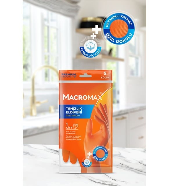 Macromax Temizlik Eldiveni S Beden Pamuklu İç Yüzeyli Kaydırmaz Desenli MAVİ