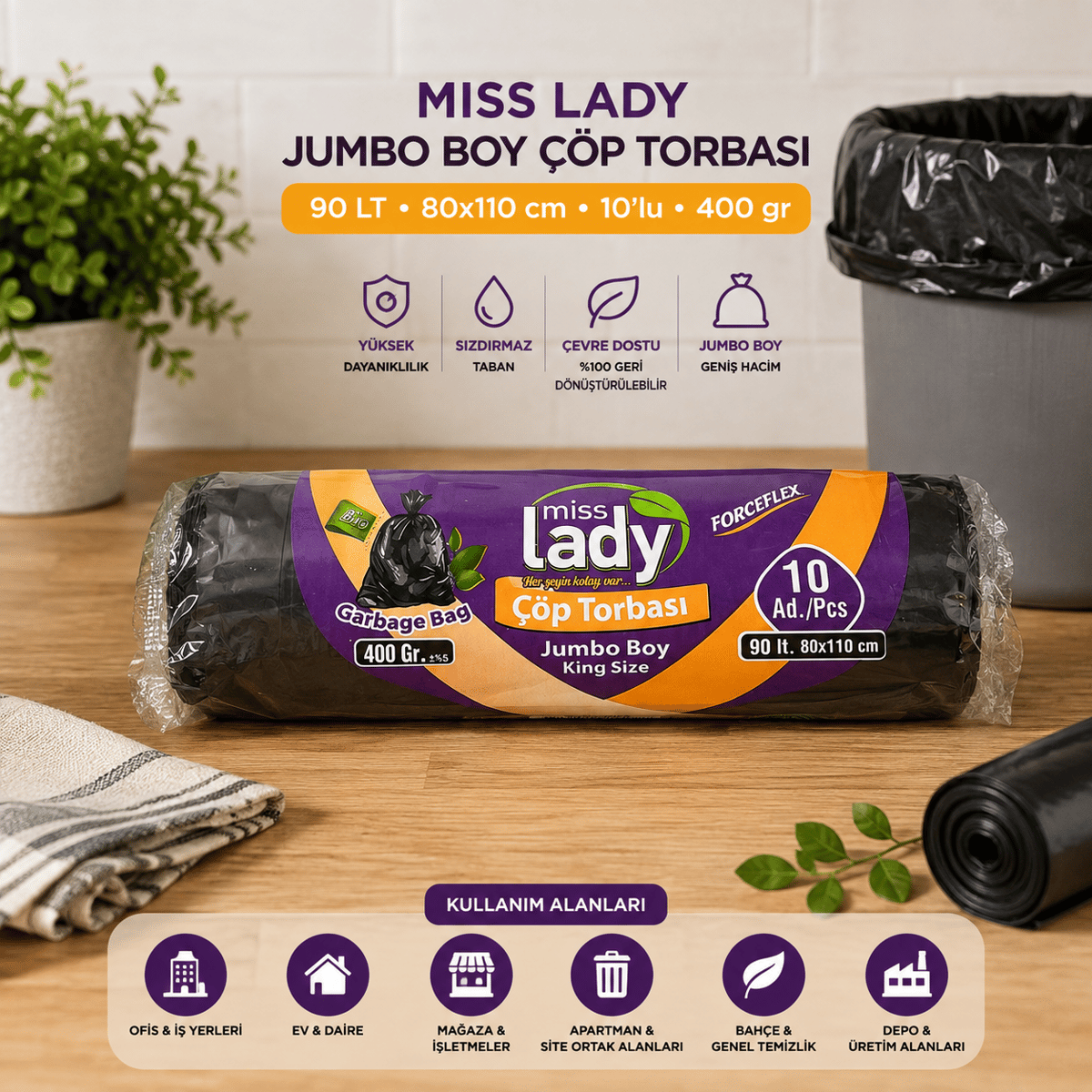 Miss Lady Jumbo Boy Çöp Torbası 90 Litre 80x110 cm 10'lu 400 gr