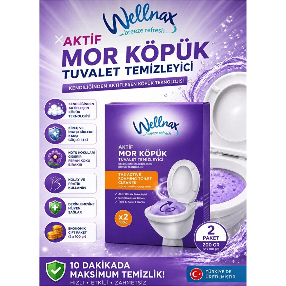 Wellnax Aktif Mor Köpük Tuvalet Temizleyici 2x100 G
