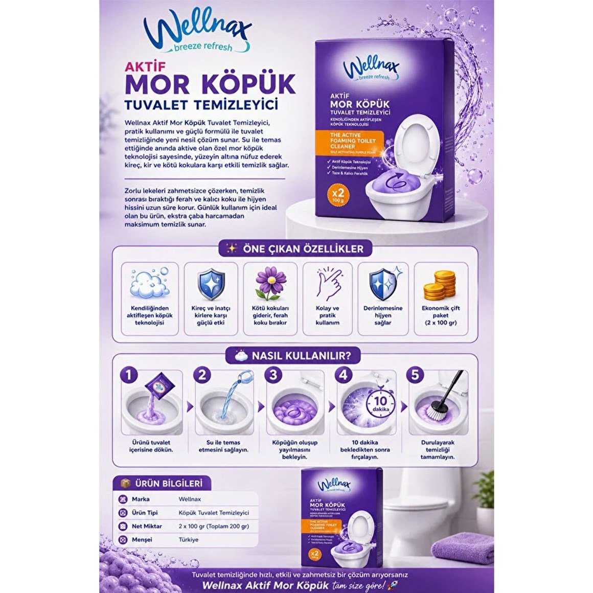 Wellnax Aktif Mor Köpük Tuvalet Temizleyici 2x100 G