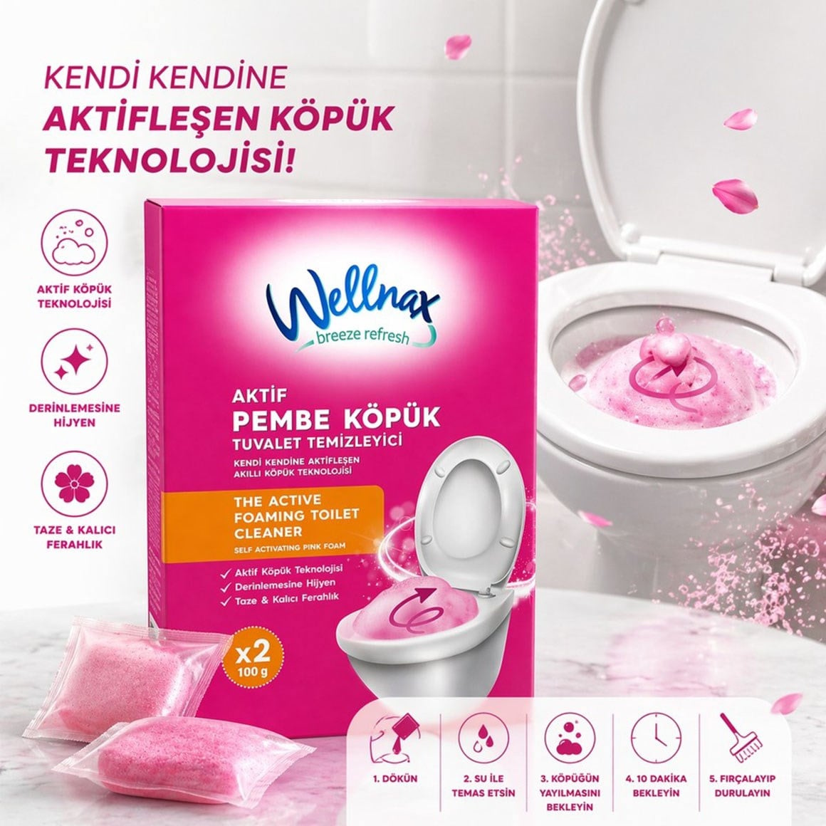Wellnax Aktif Pembe Köpük Tuvalet Temizleyici 2x100 G
