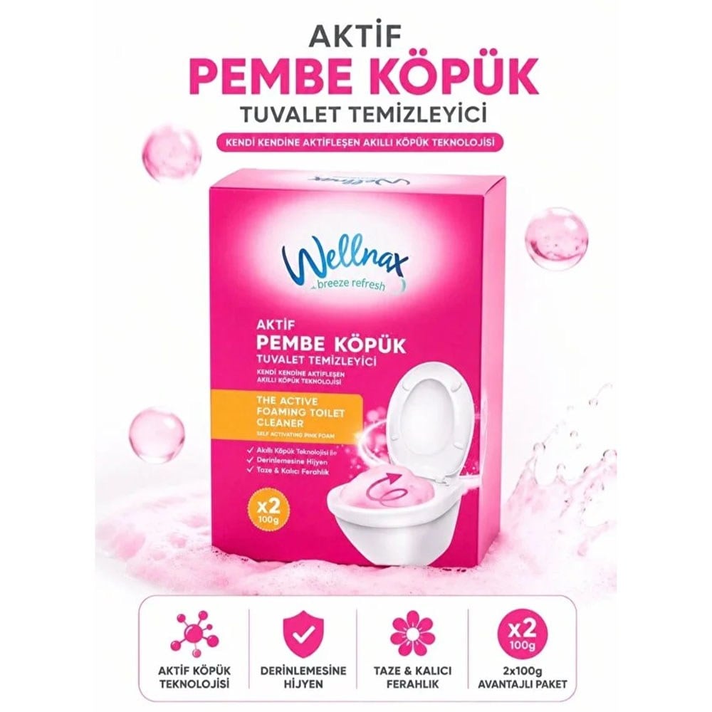 Wellnax Breeze Refresh 3'lü Aktif Mor Pembe Mavi Köpük Tuvalet Temizleyici Kireç Çözücü 6x100 g